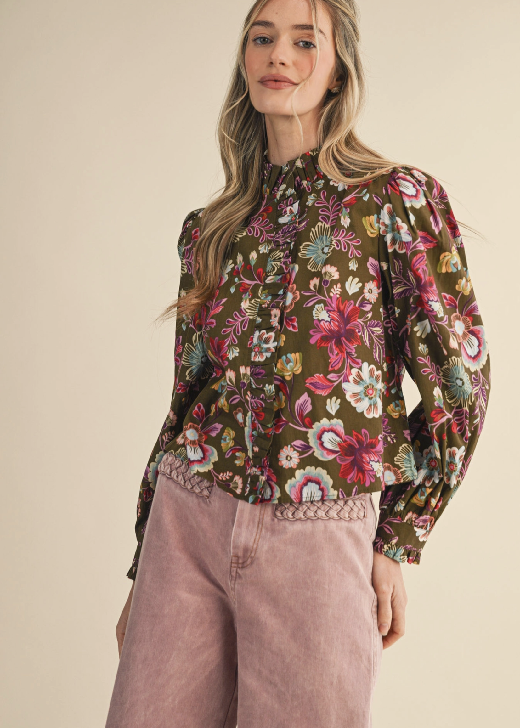 Merci Merci Ruffle Neck Floral Blouse