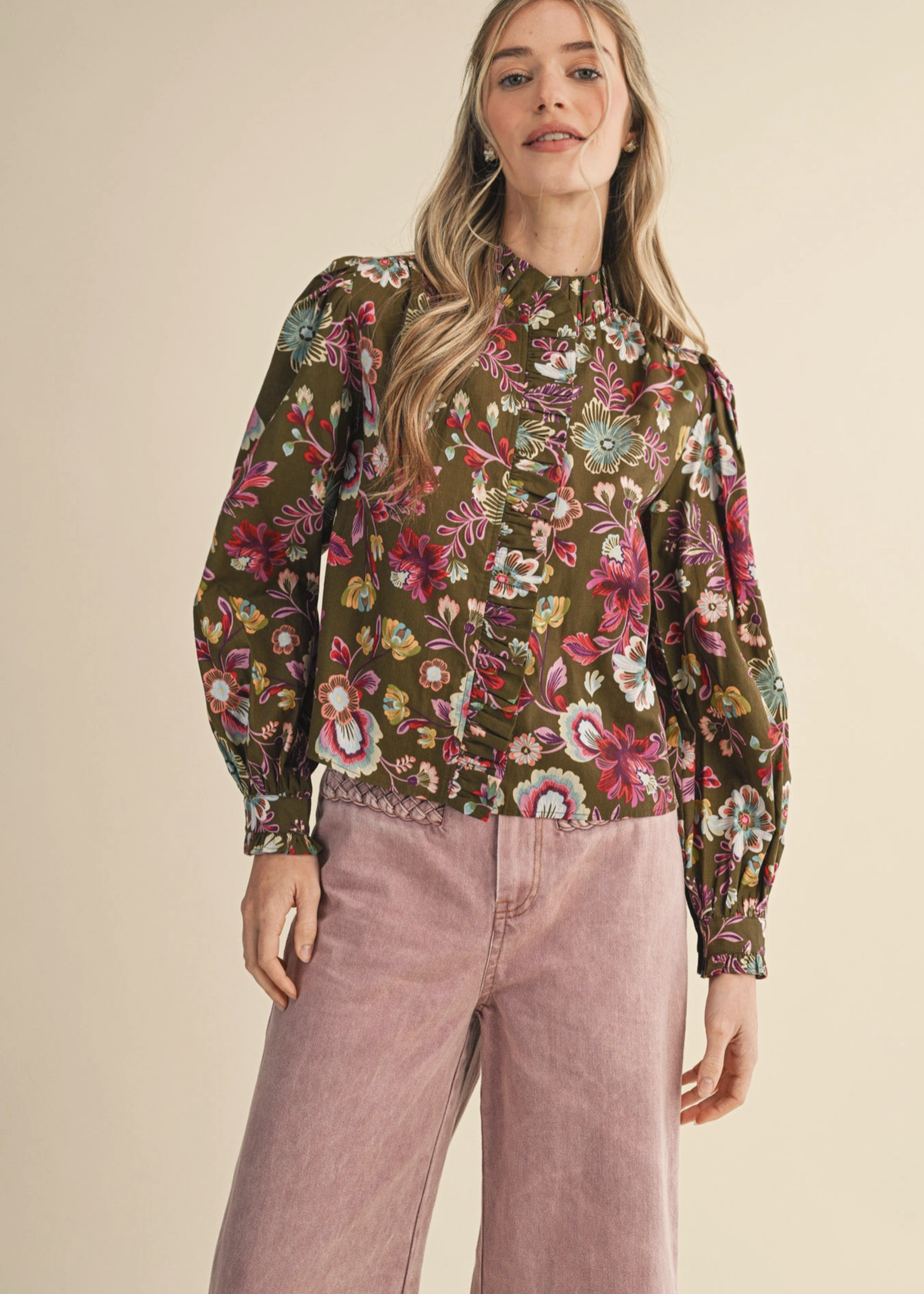 Merci Merci Ruffle Neck Floral Blouse