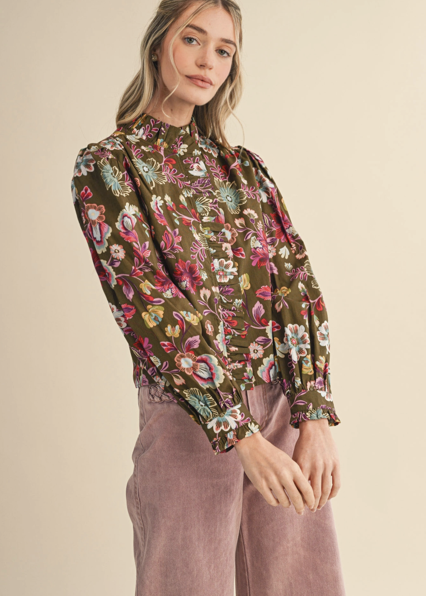 Merci Merci Ruffle Neck Floral Blouse