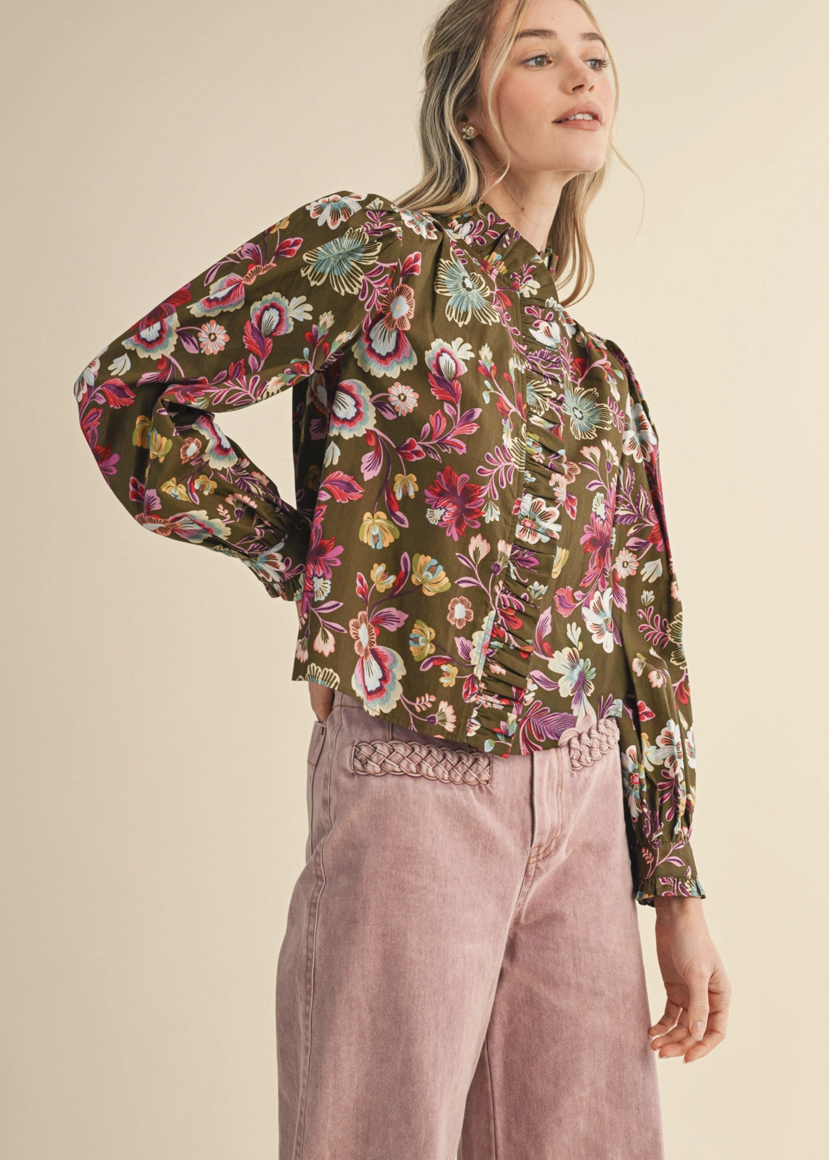Merci Merci Ruffle Neck Floral Blouse