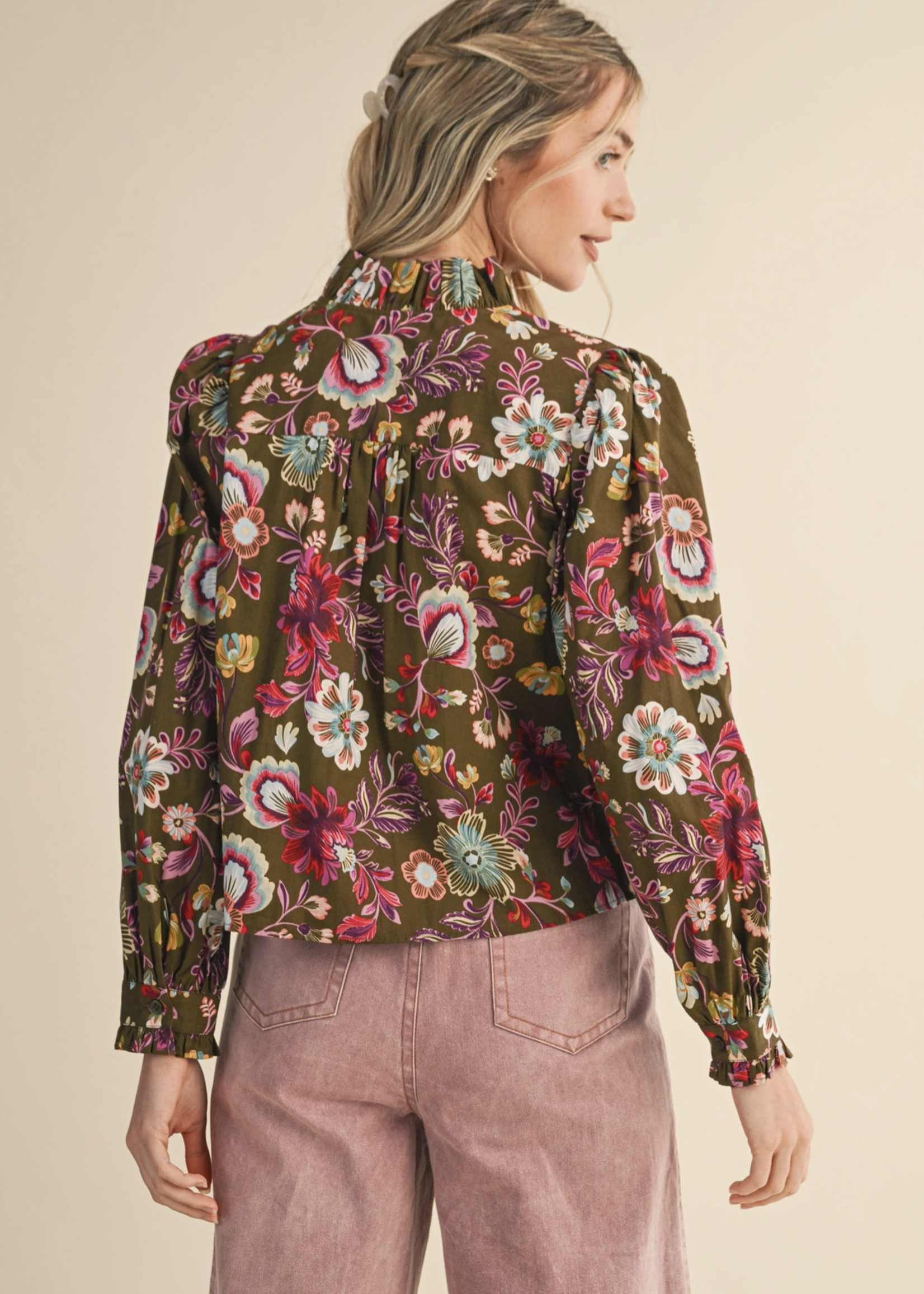Merci Merci Ruffle Neck Floral Blouse