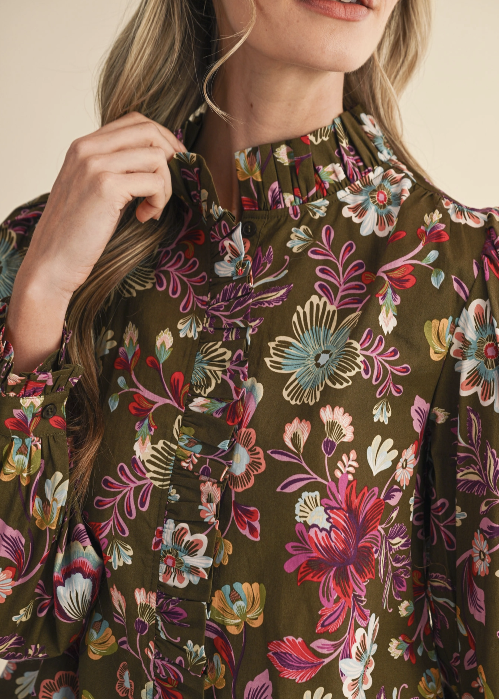 Merci Merci Ruffle Neck Floral Blouse