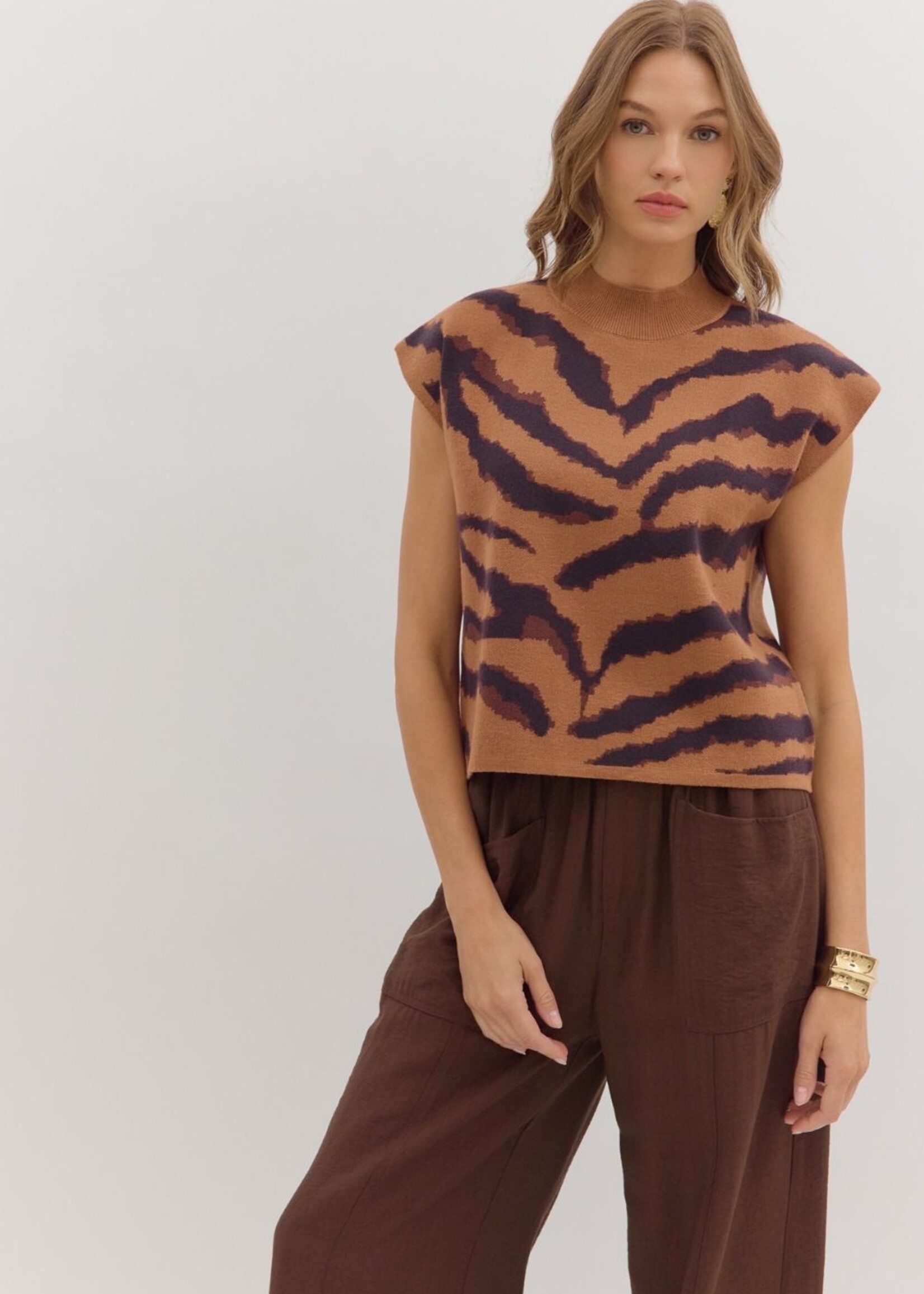 ETO ETO Tiger Print Mock Neck Top