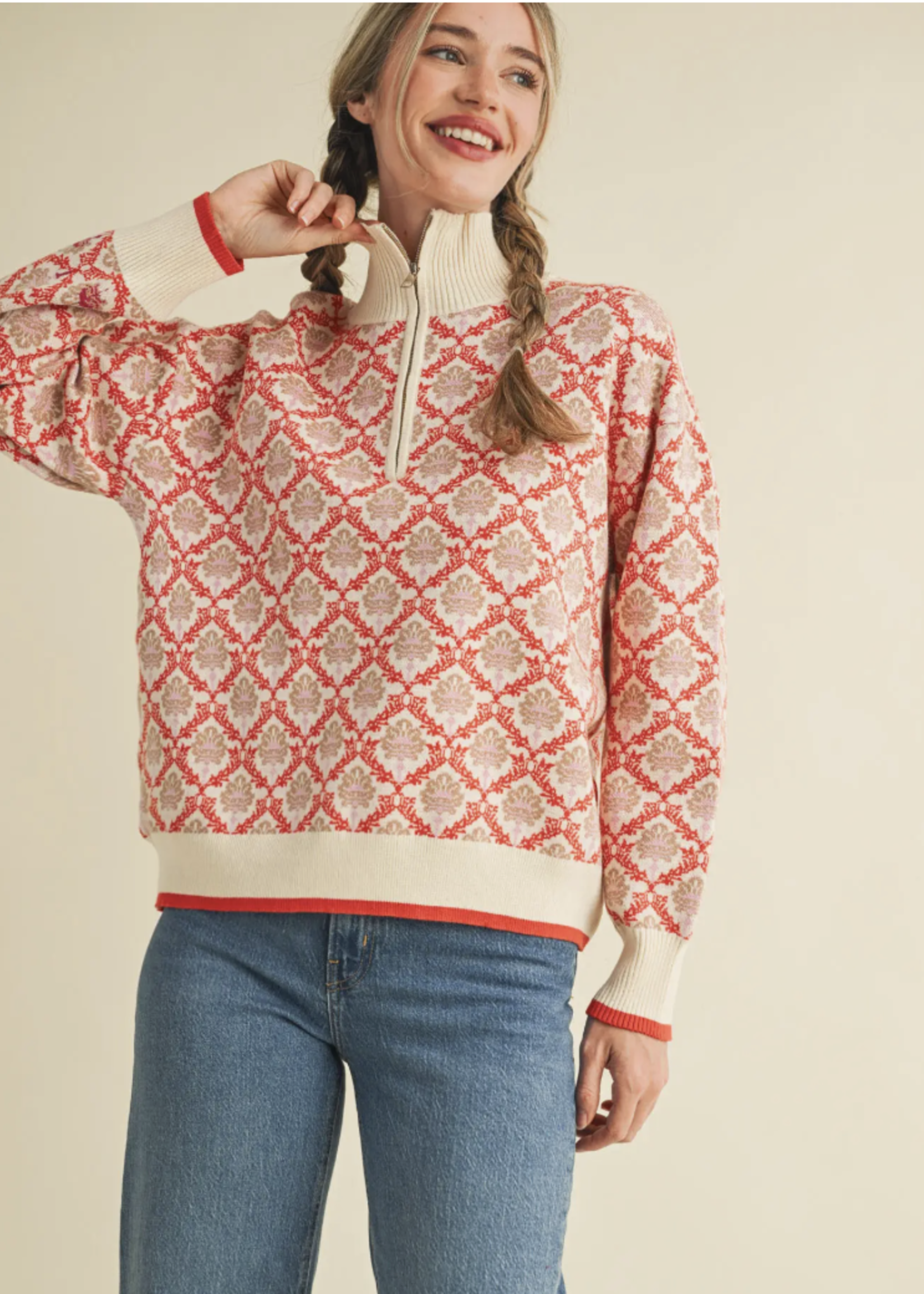 Merci Merci Printed Quarter Zip Sweater