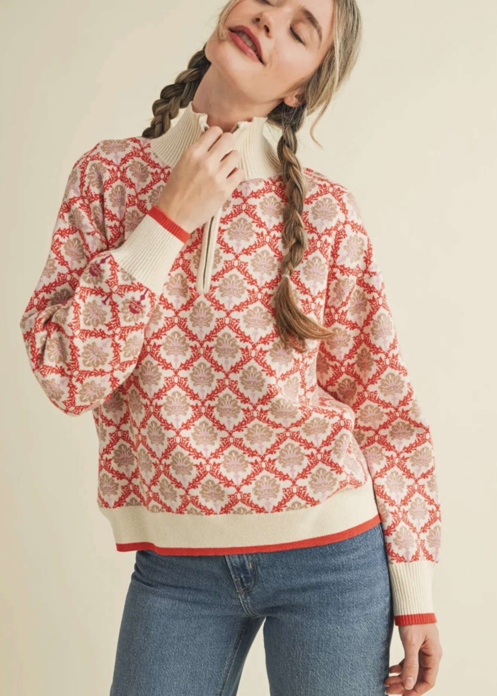 Merci Merci Printed Quarter Zip Sweater