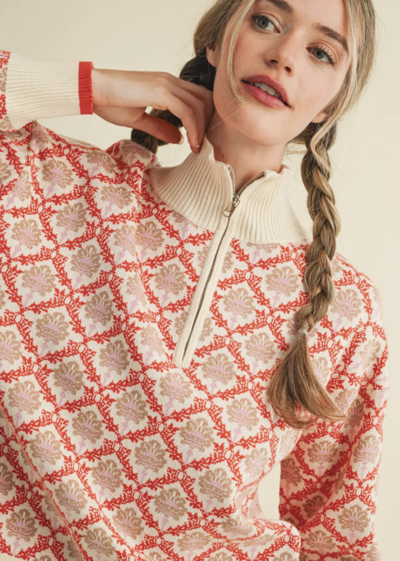 Merci Merci Printed Quarter Zip Sweater