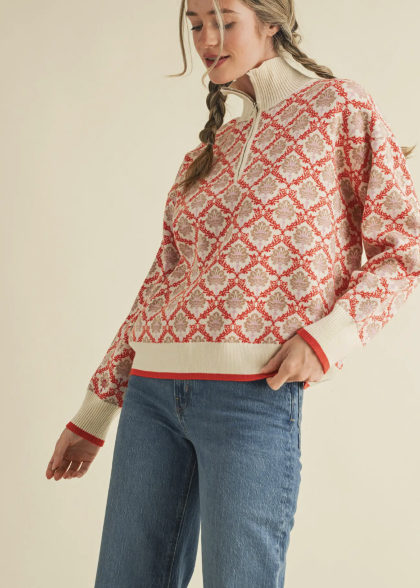 Merci Merci Printed Quarter Zip Sweater