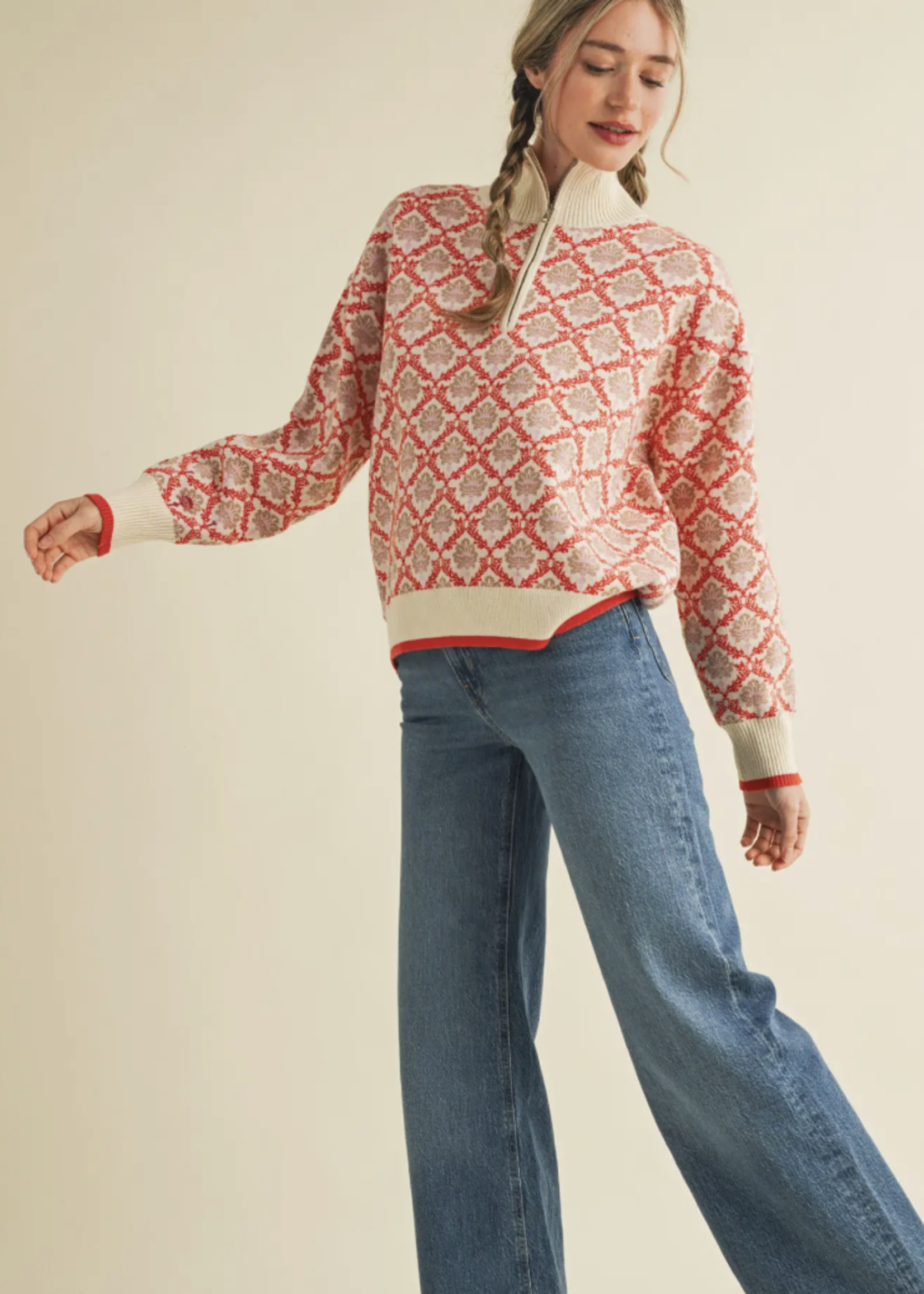 Merci Merci Printed Quarter Zip Sweater