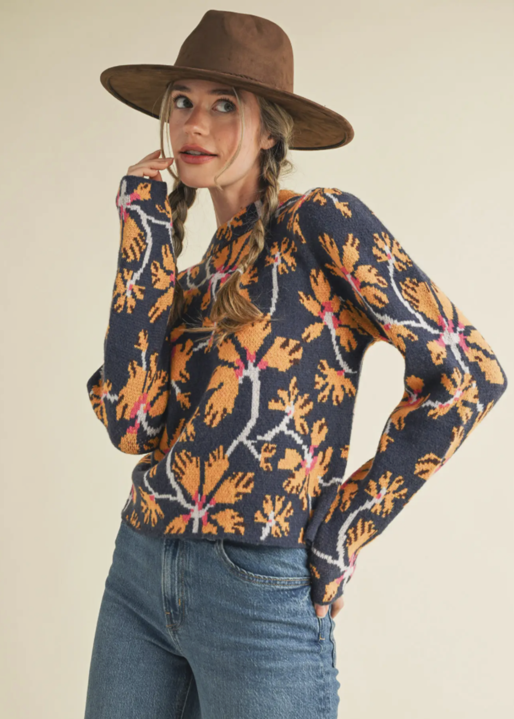 Merci Merci Floral Mock Neck Sweater