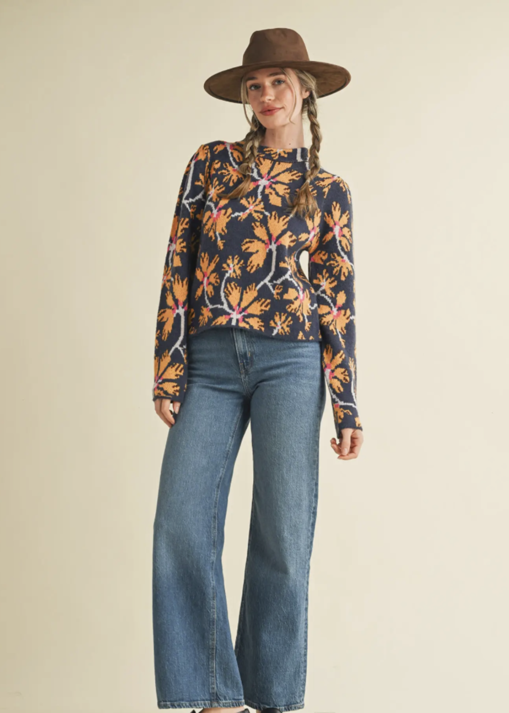 Merci Merci Floral Mock Neck Sweater