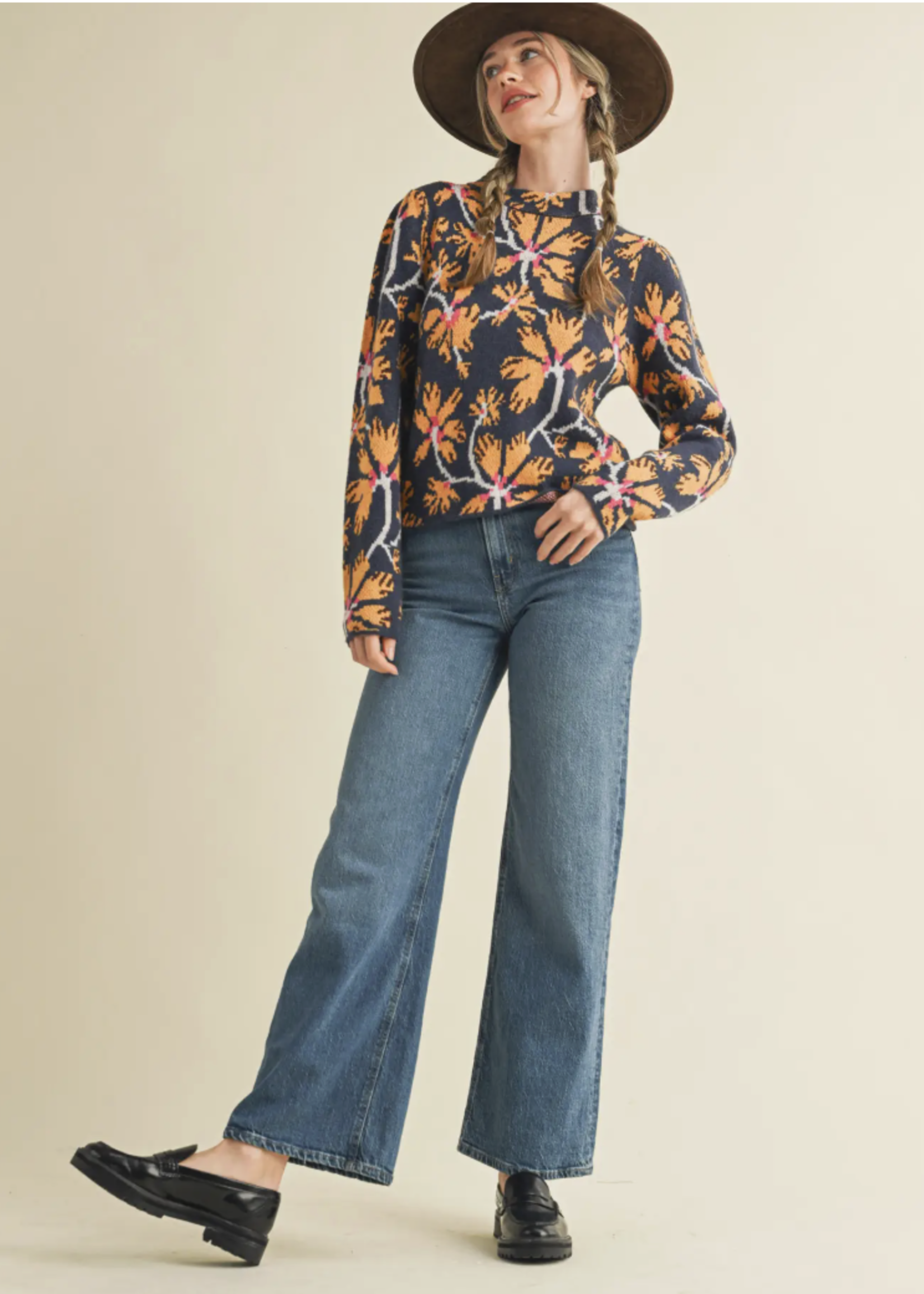 Merci Merci Floral Mock Neck Sweater