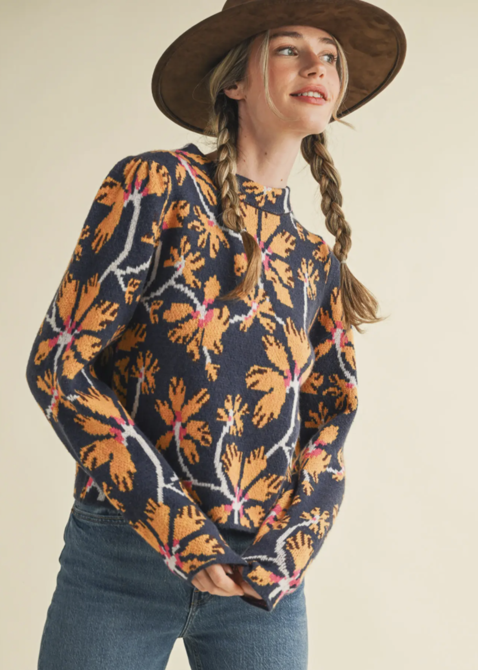 Merci Merci Floral Mock Neck Sweater