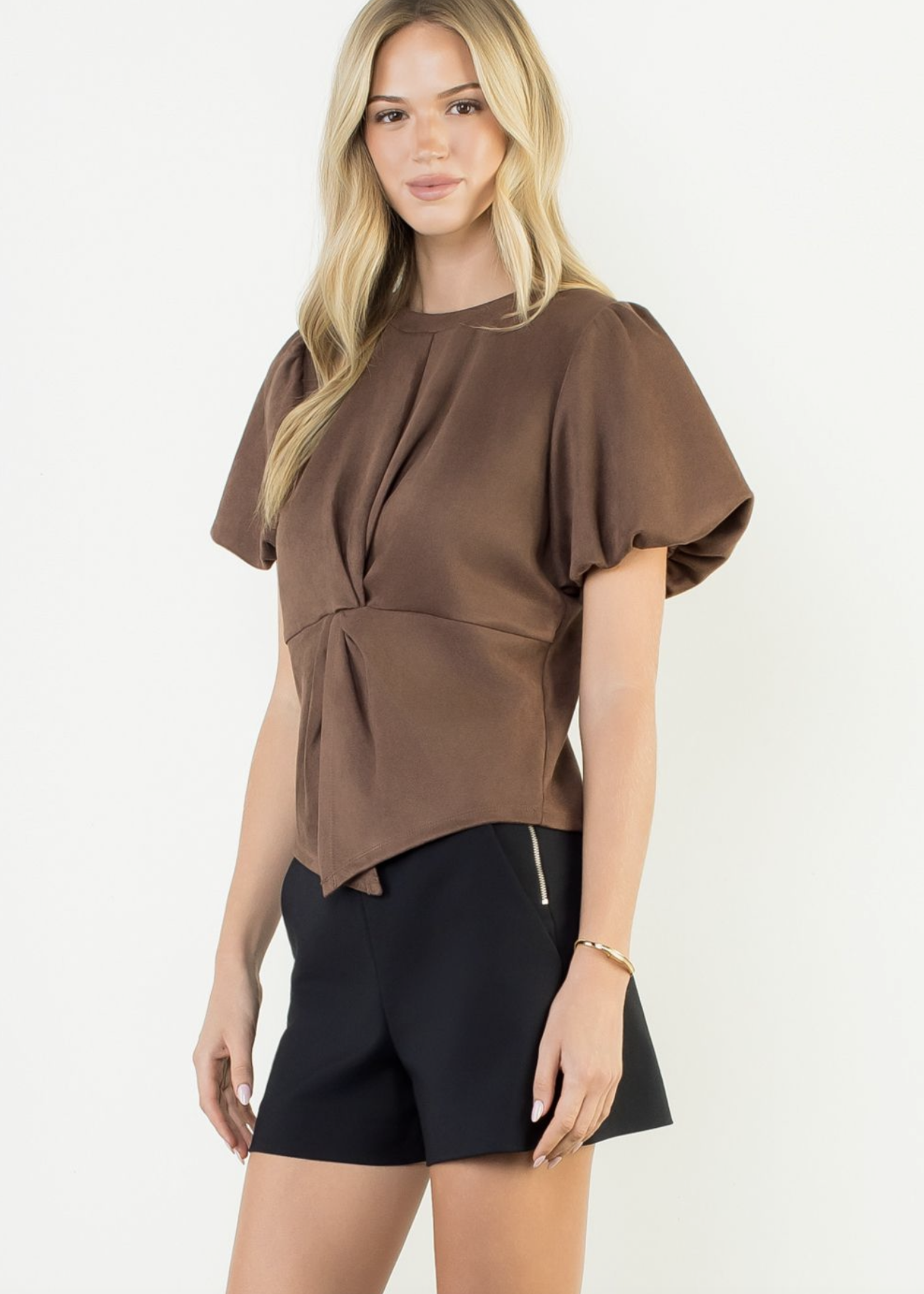THML THML Puff Slv Twisted Suede Top