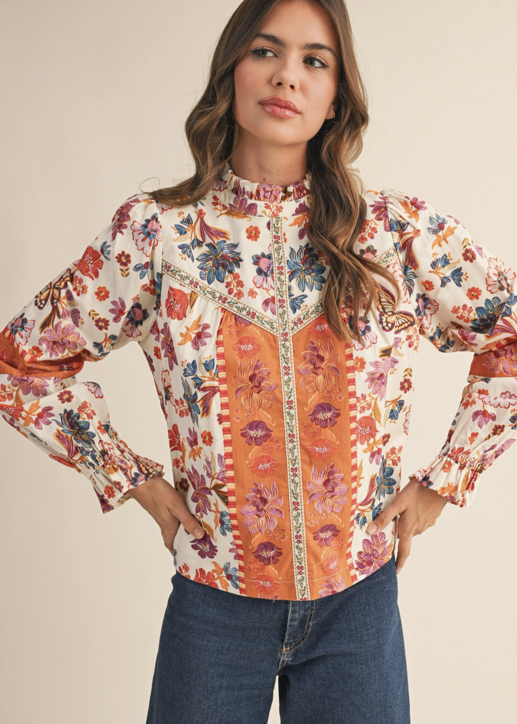 Merci Merci Ruffle Neck Floral Top