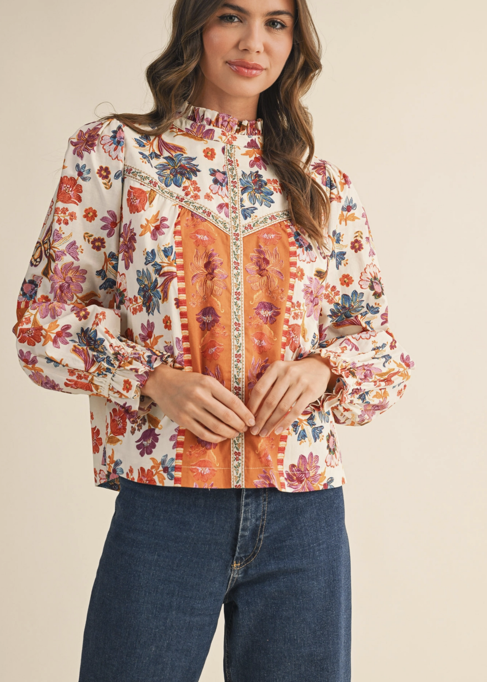 Merci Merci Ruffle Neck Floral Top