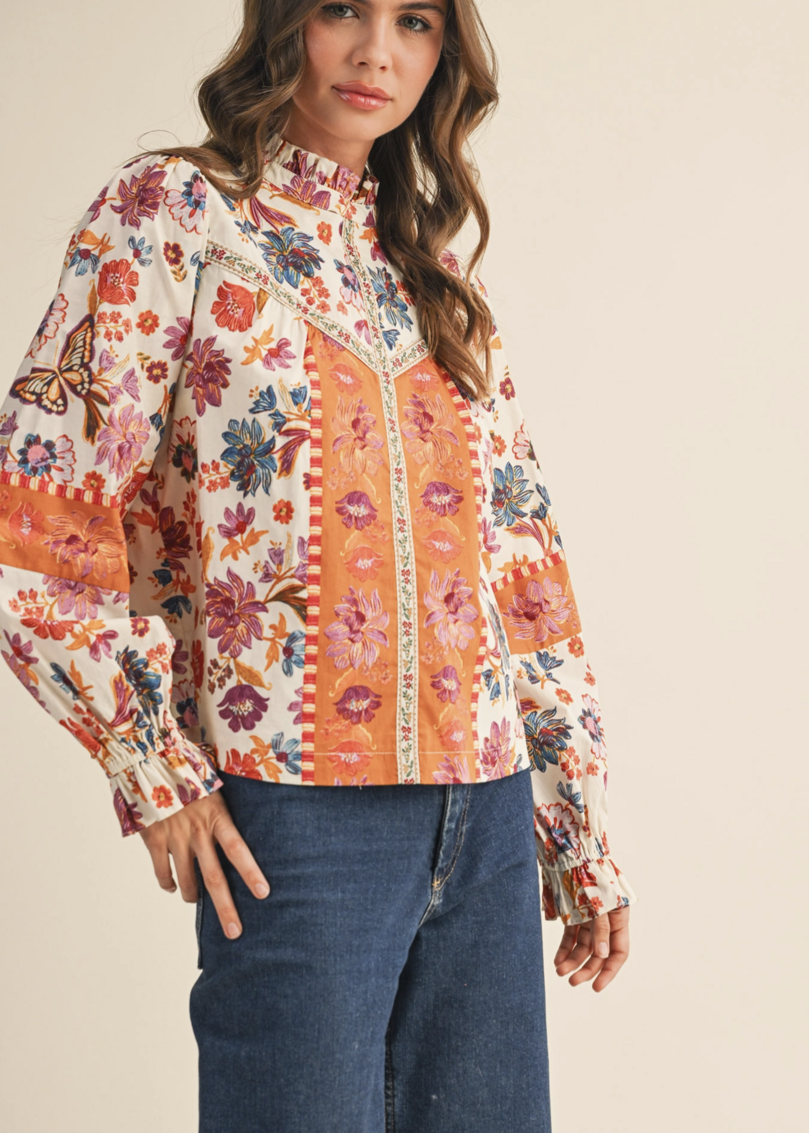 Merci Merci Ruffle Neck Floral Top