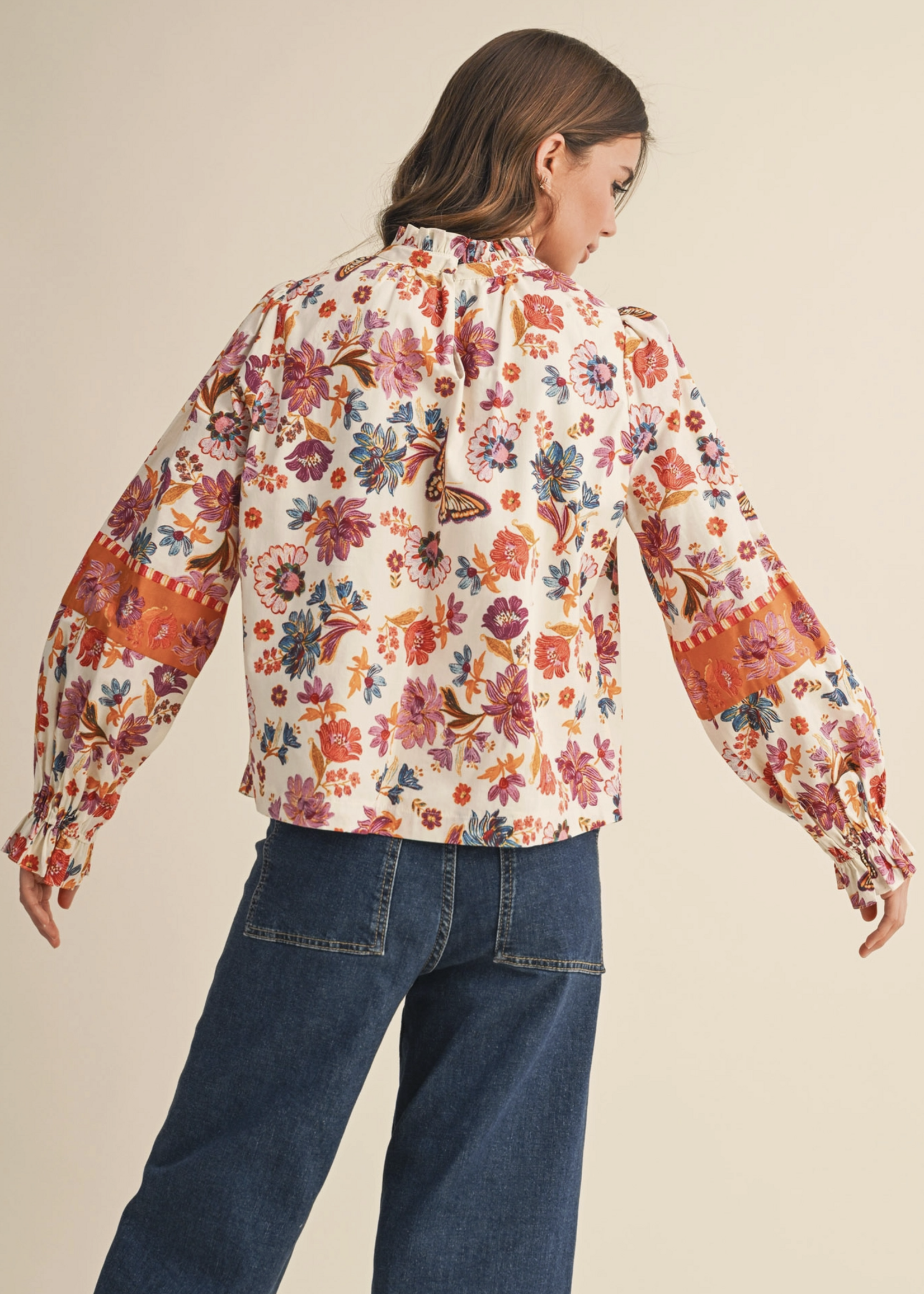 Merci Merci Ruffle Neck Floral Top