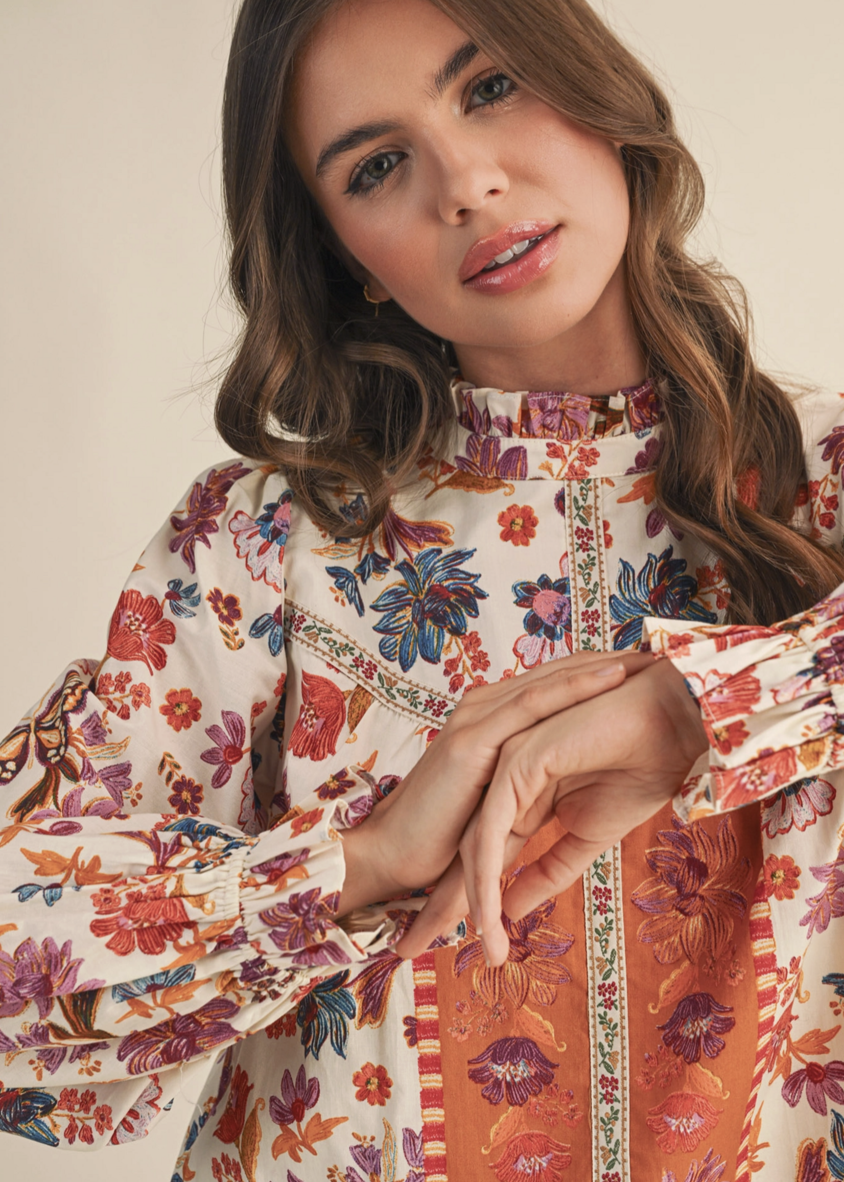 Merci Merci Ruffle Neck Floral Top