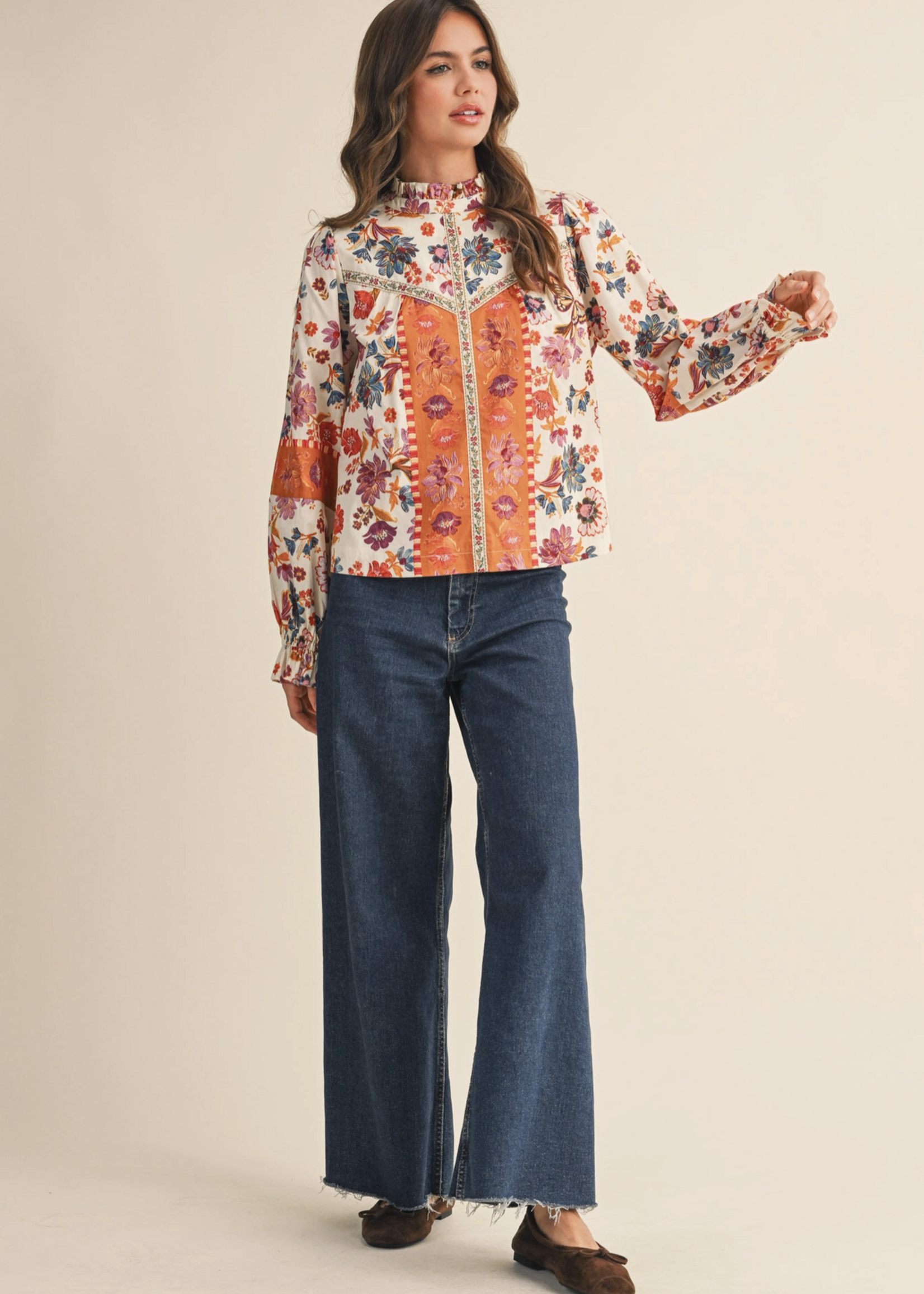 Merci Merci Ruffle Neck Floral Top