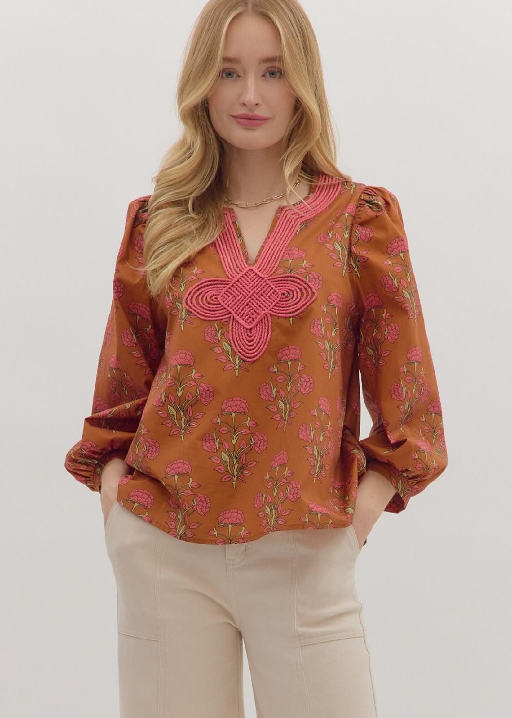 ETO ETO Floral Embroidered Trim Top