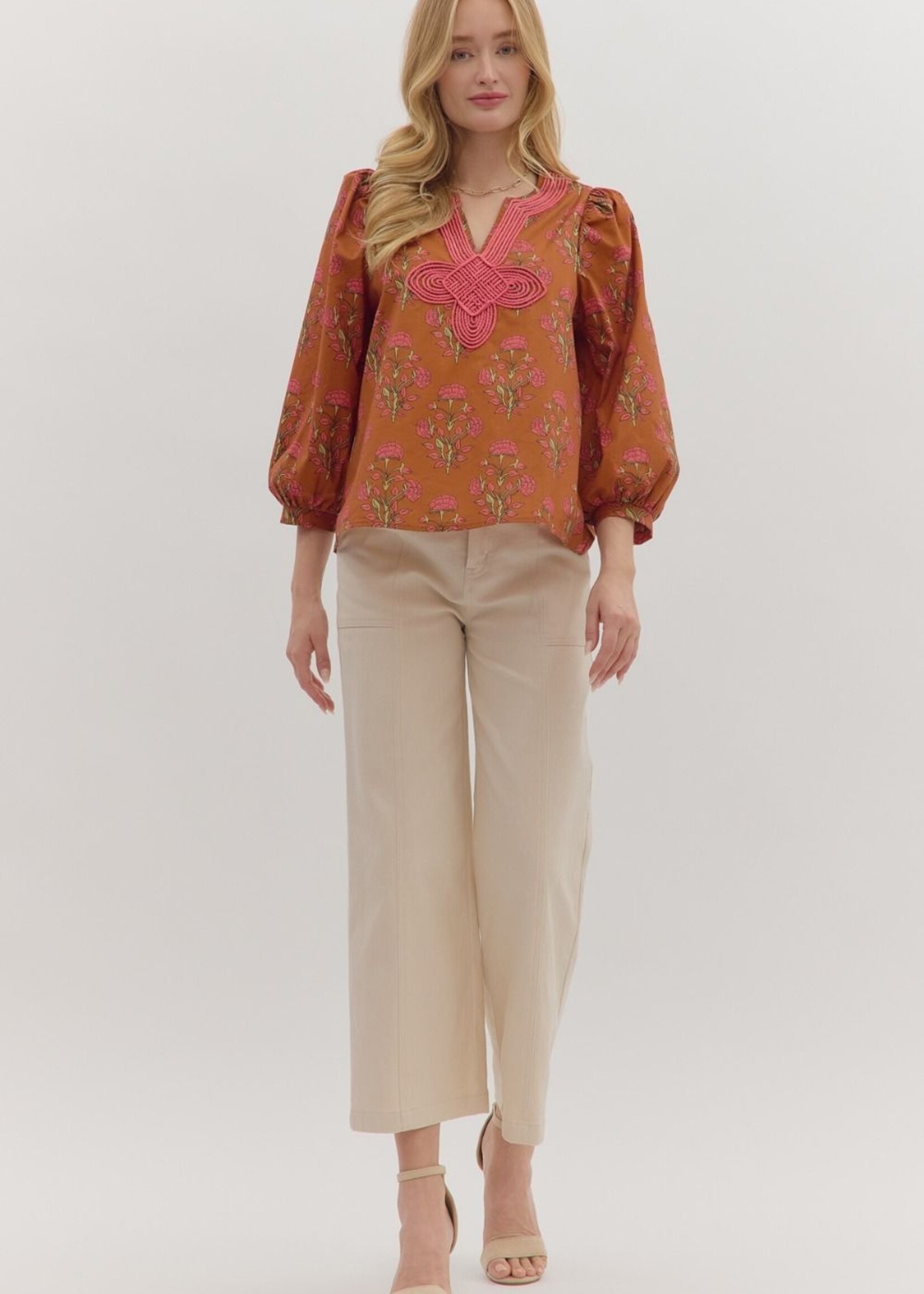 ETO ETO Floral Embroidered Trim Top