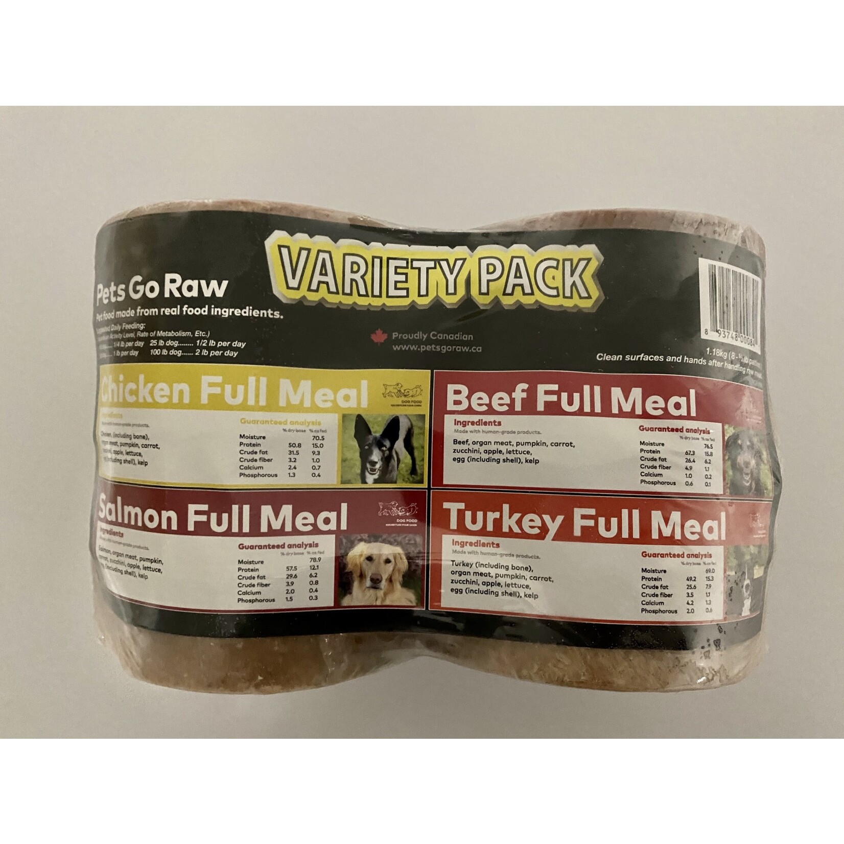 Pets Go Raw Variety Full Meal  1/2lb pucks (2x Chicken, 2x Salmon, 2x Turkey, 2x Beef, per package) - 4lb Package