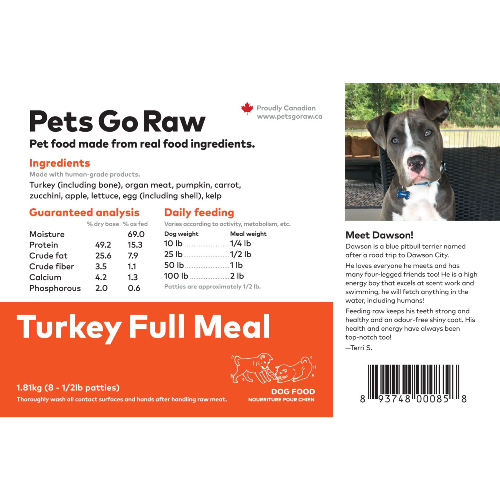 Pets Go Raw Turkey Full Meal - 4lb Package