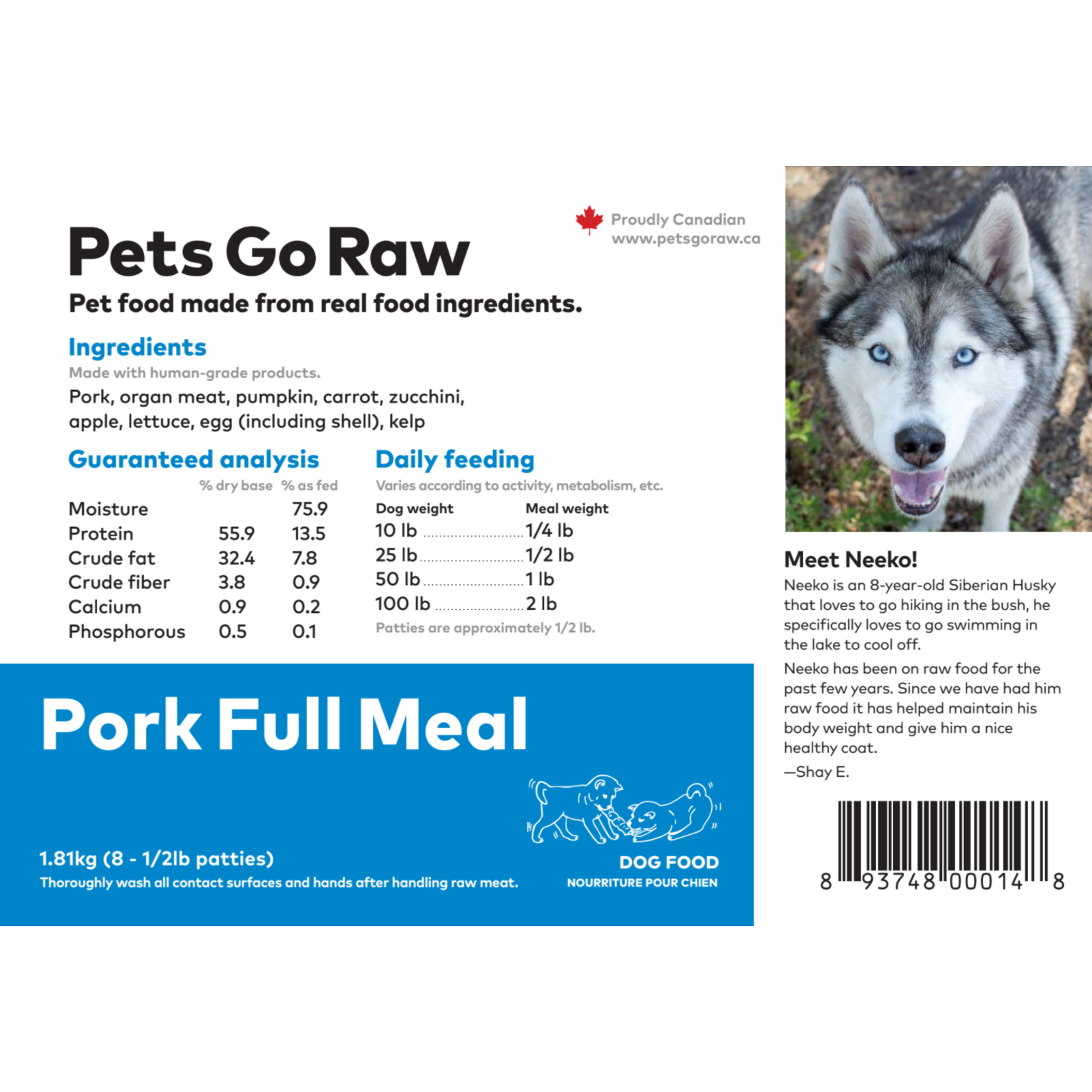 Pets Go Raw Pork Full Meal - 4lb Package