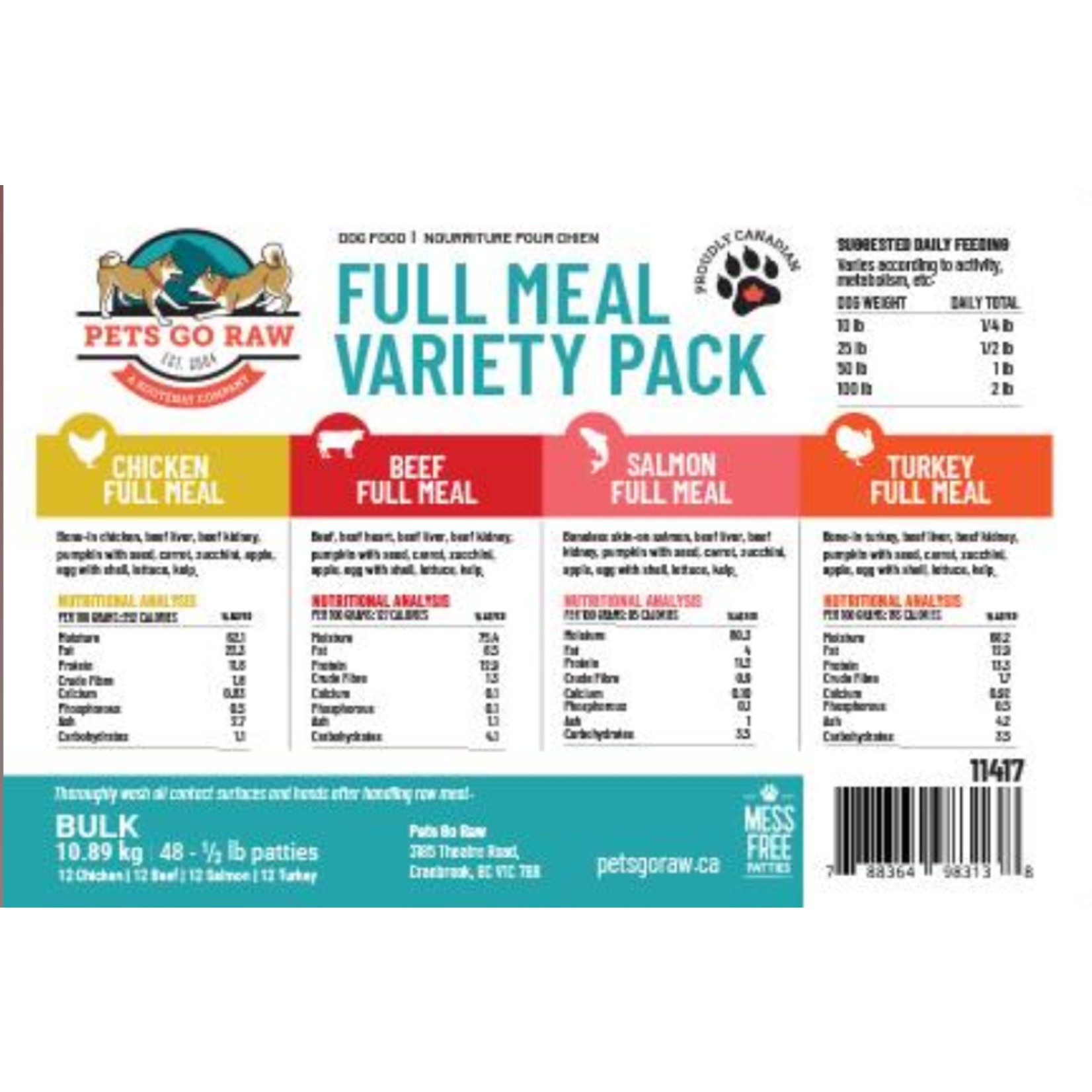 Pets Go Raw Variety Full Meal- Bulk 24lb