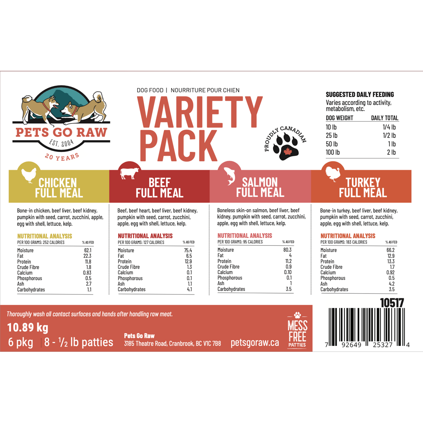Pets Go Raw Variety Full Meal  1/2lb pucks (2x Chicken, 2x Salmon, 2x Turkey, 2x Beef, per package) - 4lb Package
