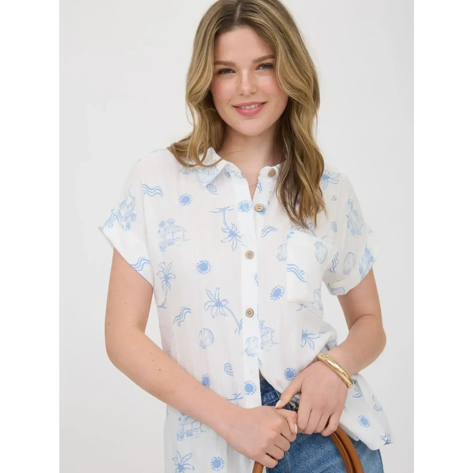 Blu Pepper Island Print Button up