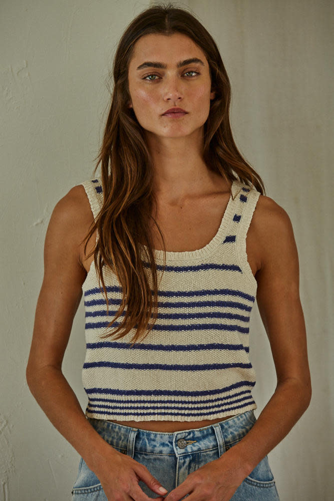売れ筋商品|||ダナ キャラン ニューヨーク ニット&セーター アウター レディース Women's Striped Ribbed Knit Sleeveless Top Navy/white BT Alder Navy Striped Sweater Tank - Wink Boutiques