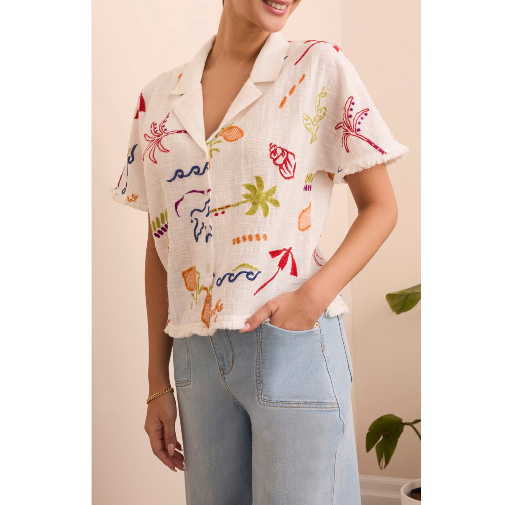 Tribal T Fringed Button Front Blouse