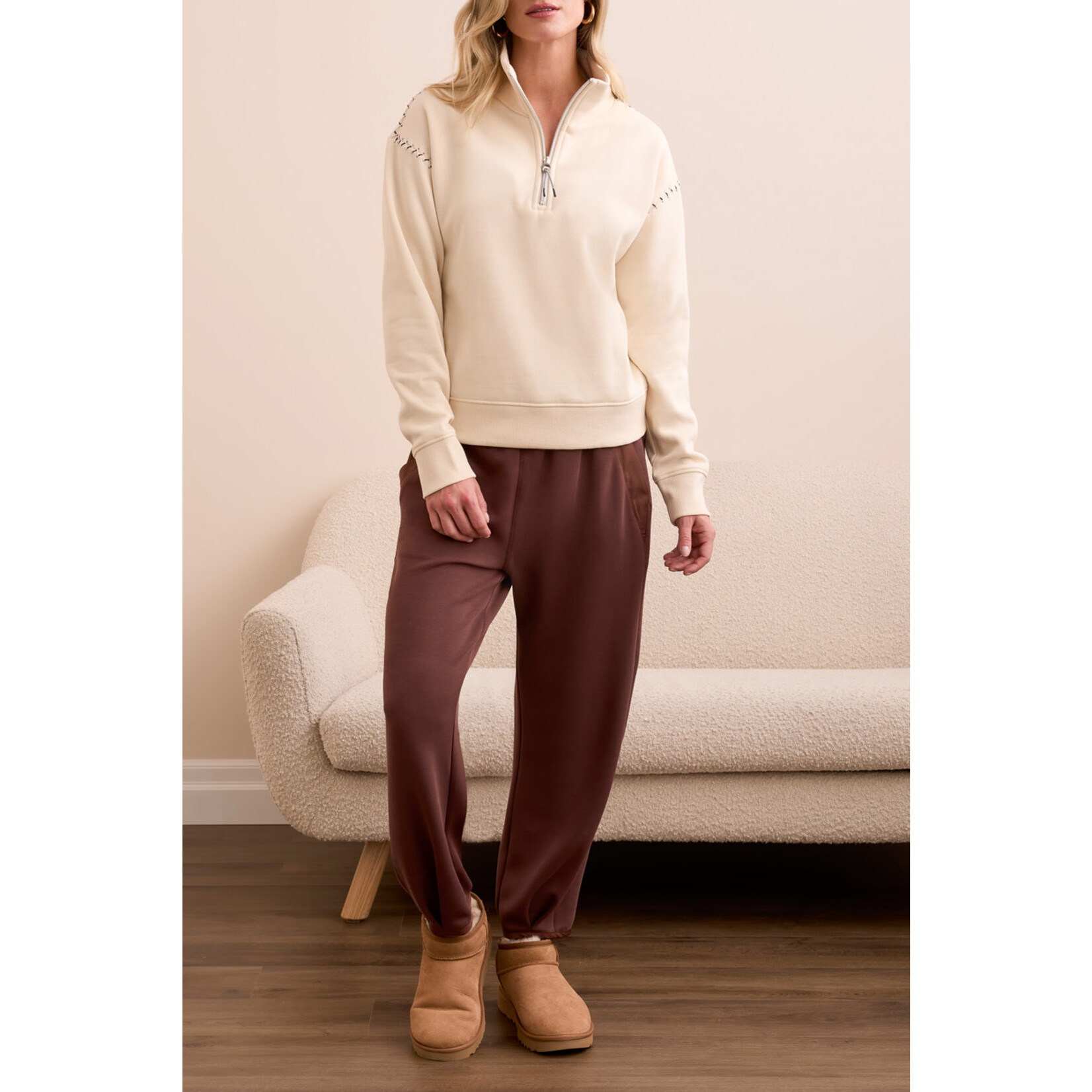 Tribal T L/S Zip Funnel Neck w/ Stitching Top