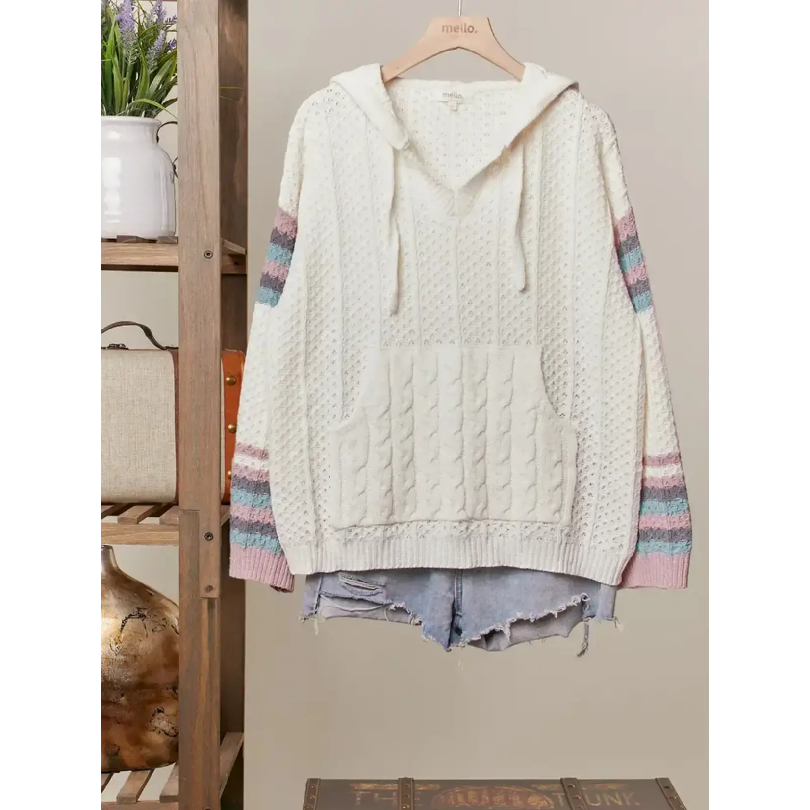 Mello Mello Striped Cable Knit Hoodie