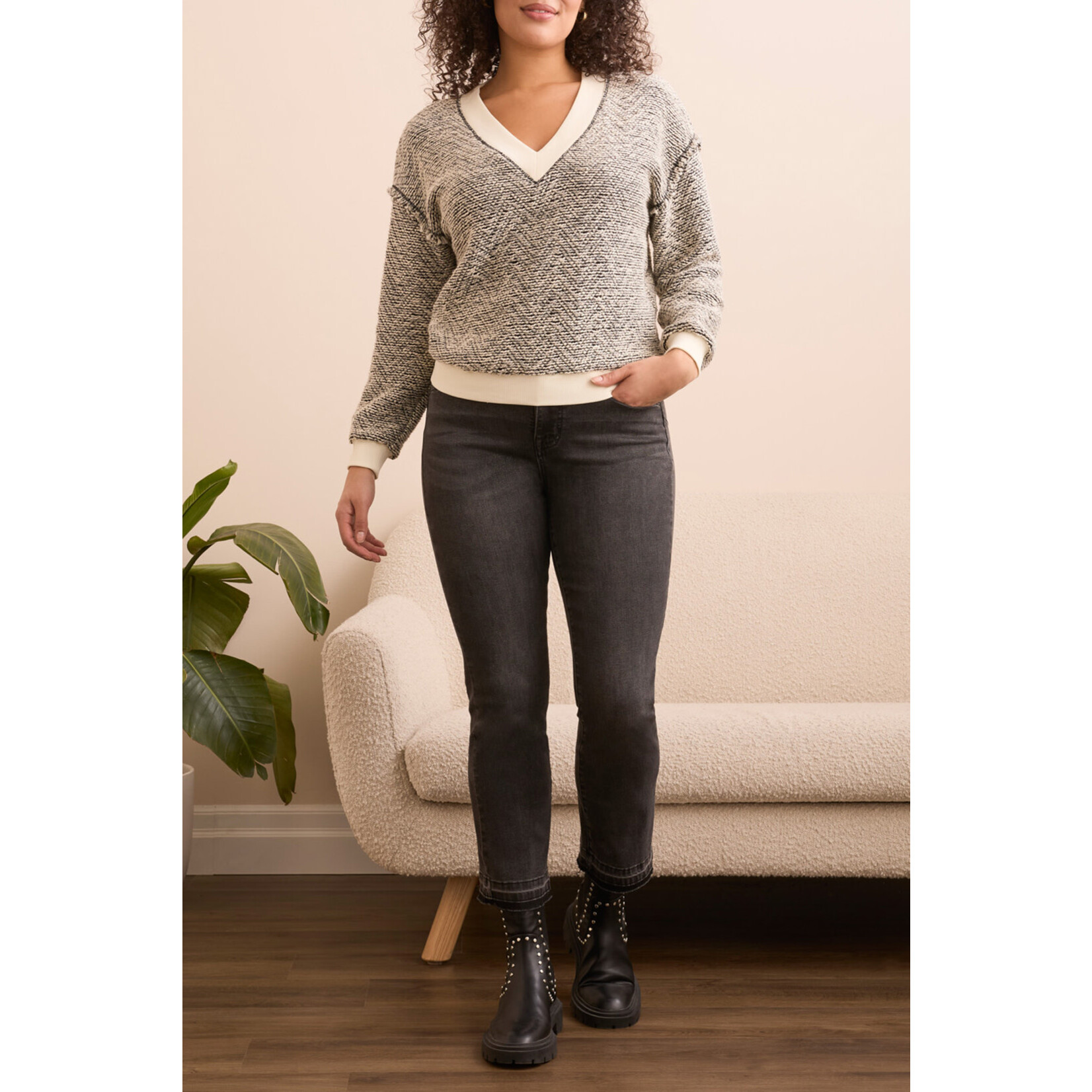 Tribal T V-Neck Top W Rib Dtl