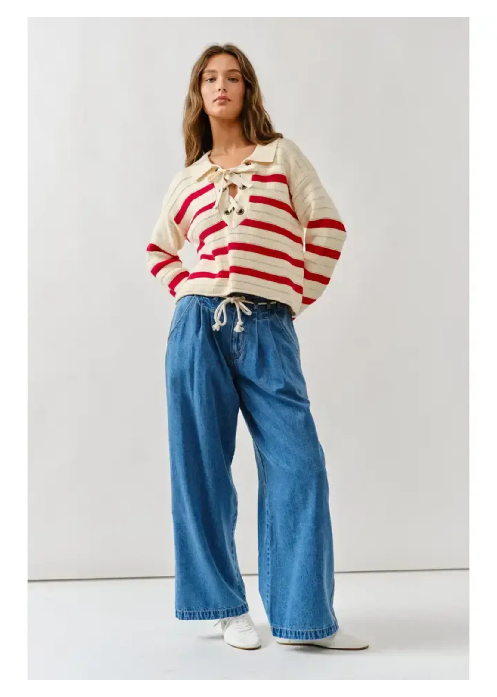 Aaron & Amber A&A  Lace Up Relaxed Fit Swtr