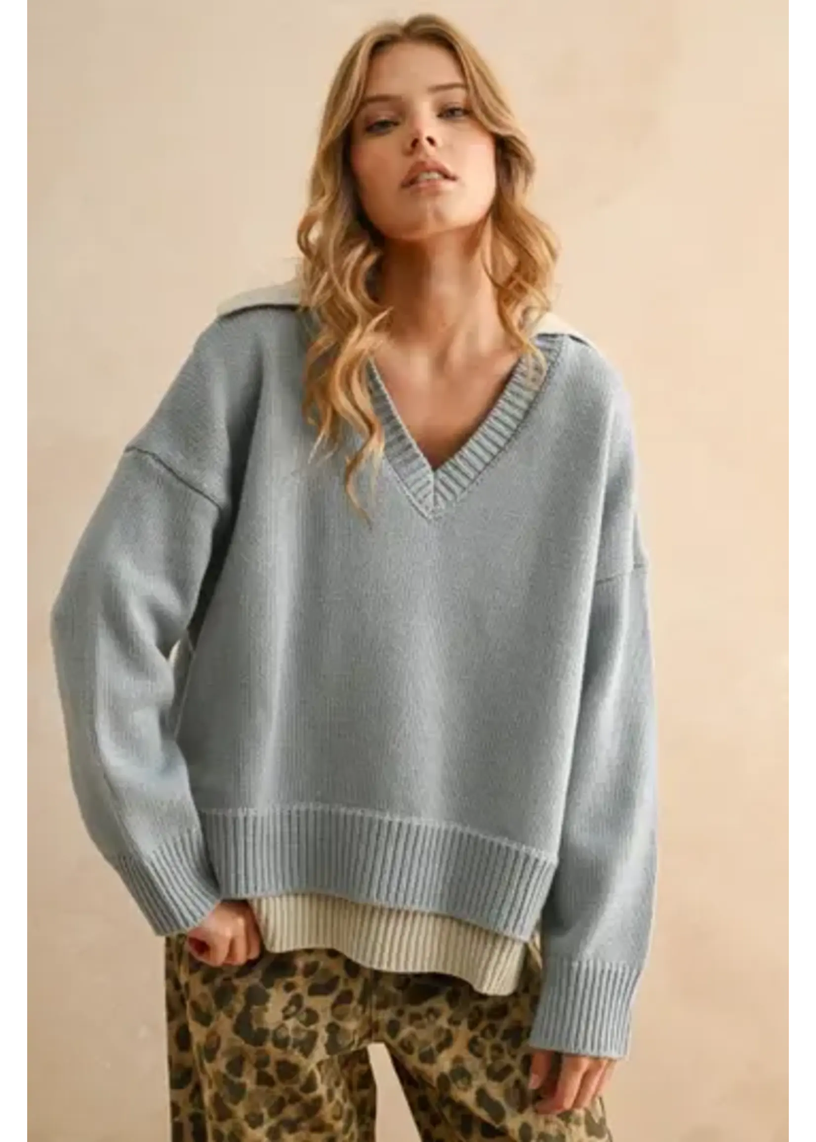 Miou Muse MM Color Combo V-Neck Swtr Top