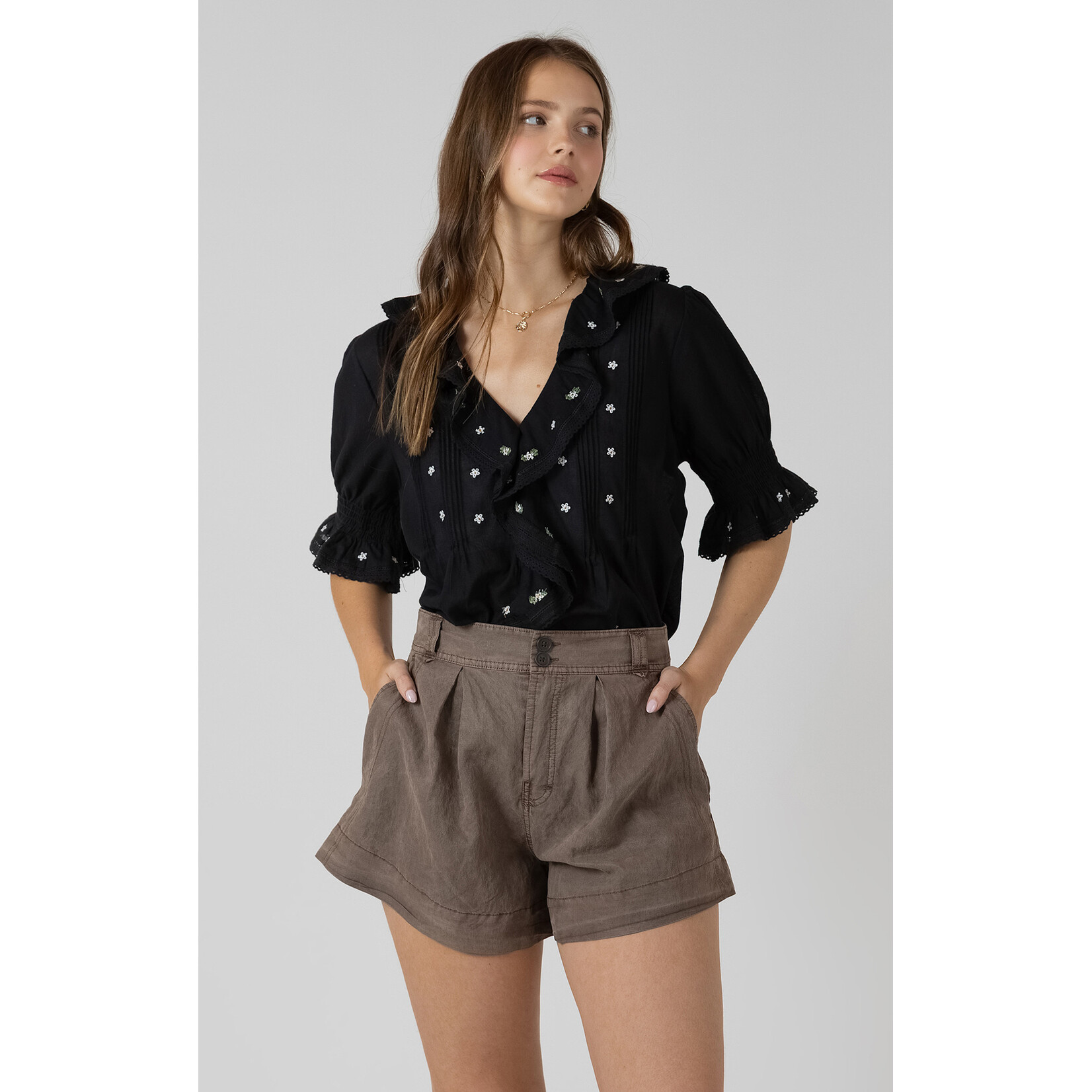 Dex Dex Black Embroidered Ruffle Top