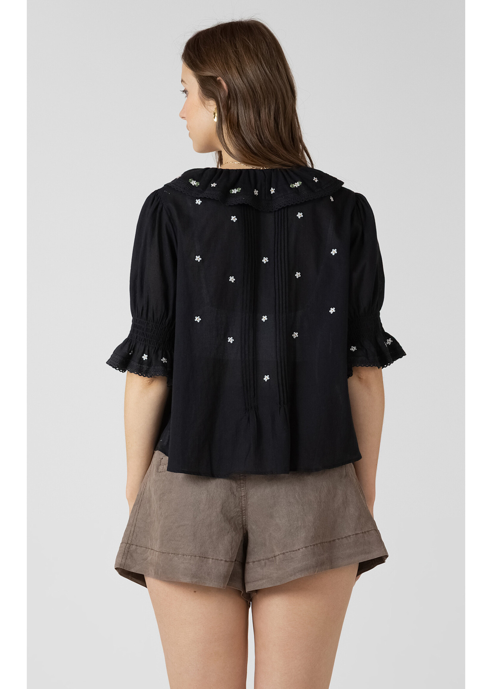 Dex Black Embroidered Ruffle Top