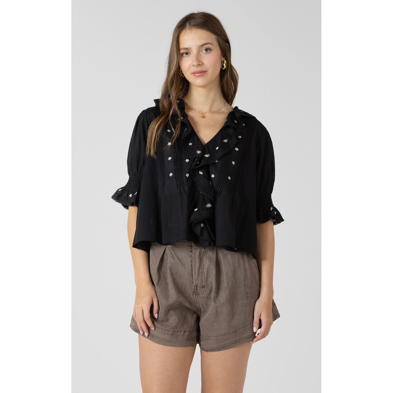 Dex Dex Black Embroidered Ruffle Top