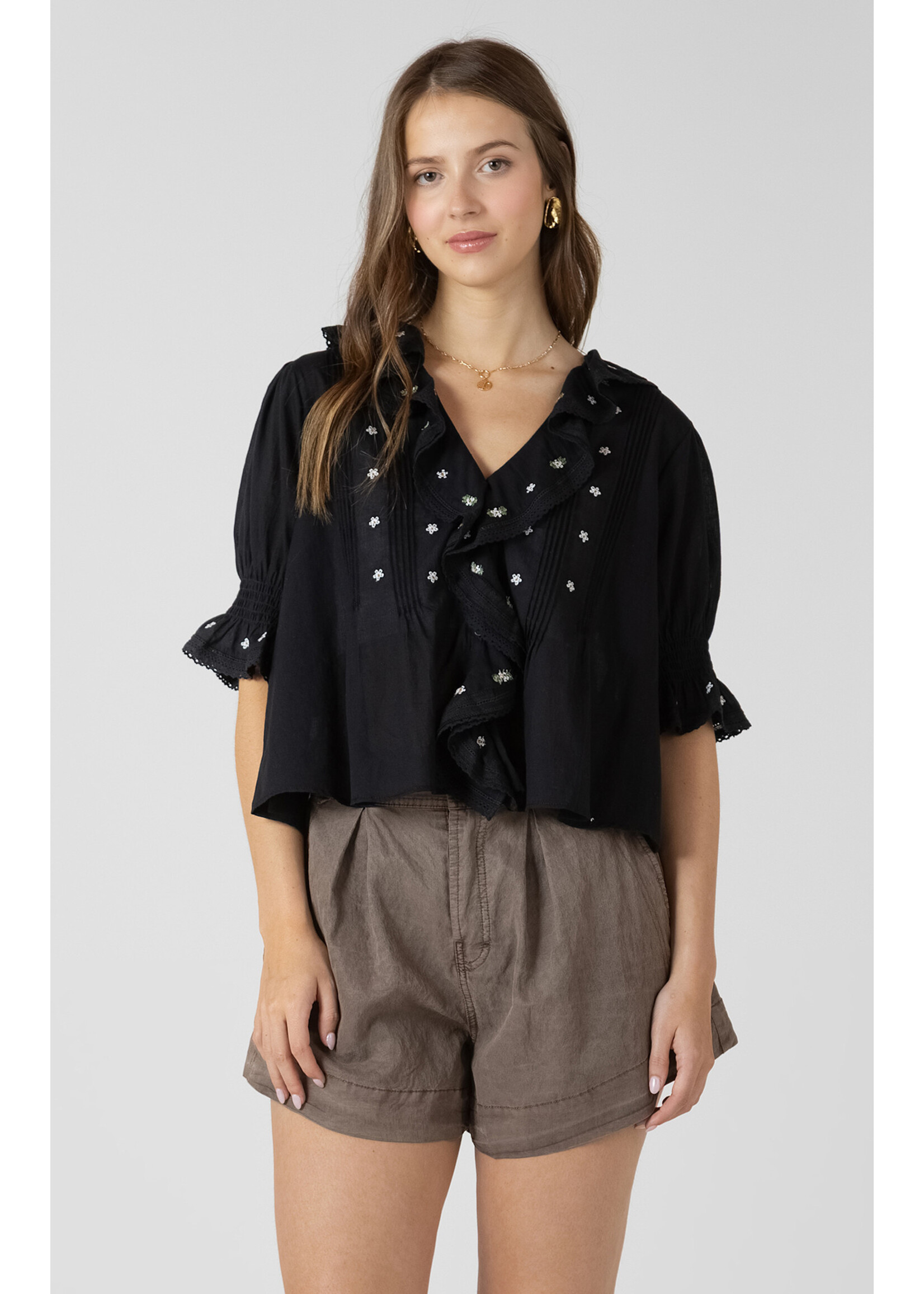 Dex Black Embroidered Ruffle Top