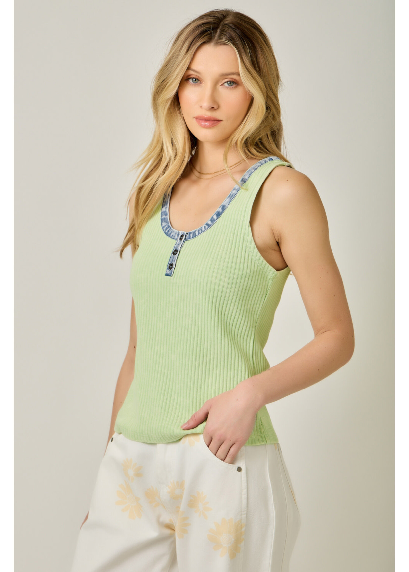 Mystree Myst Henley Denim Trim Tank