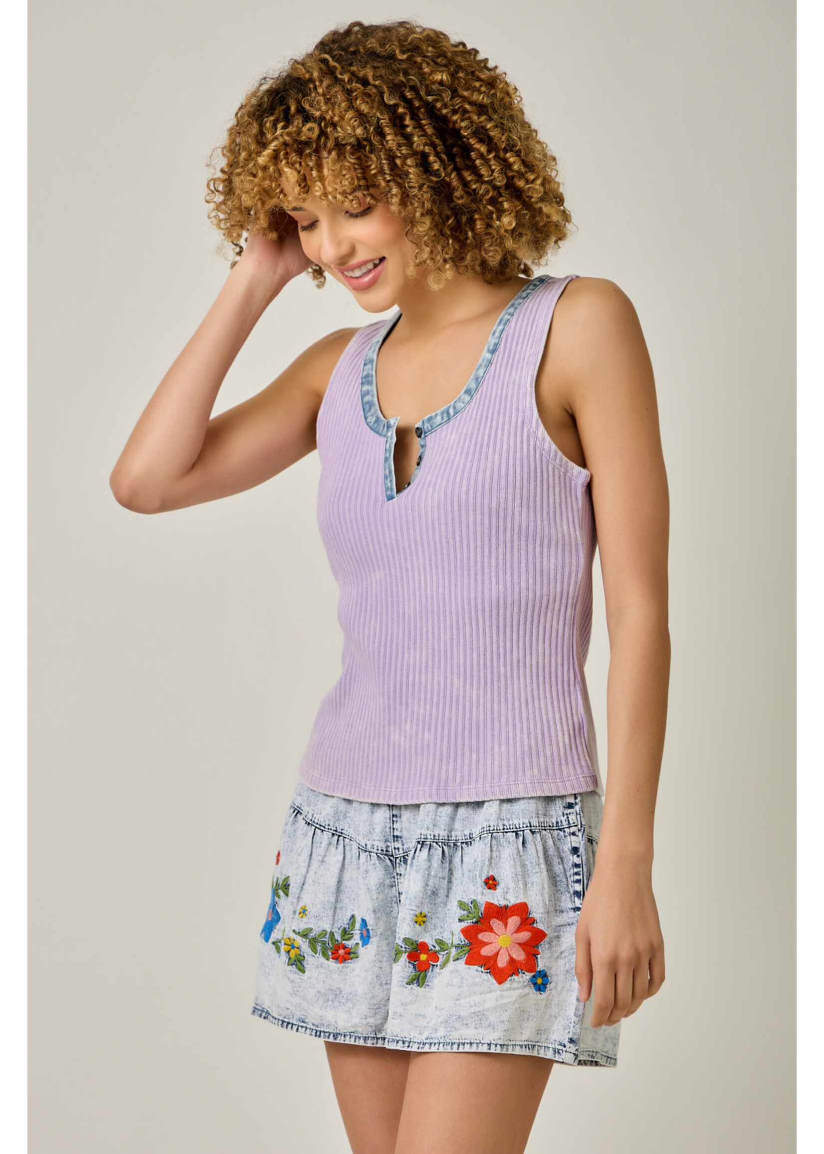 Mystree Myst Henley Denim Trim Tank