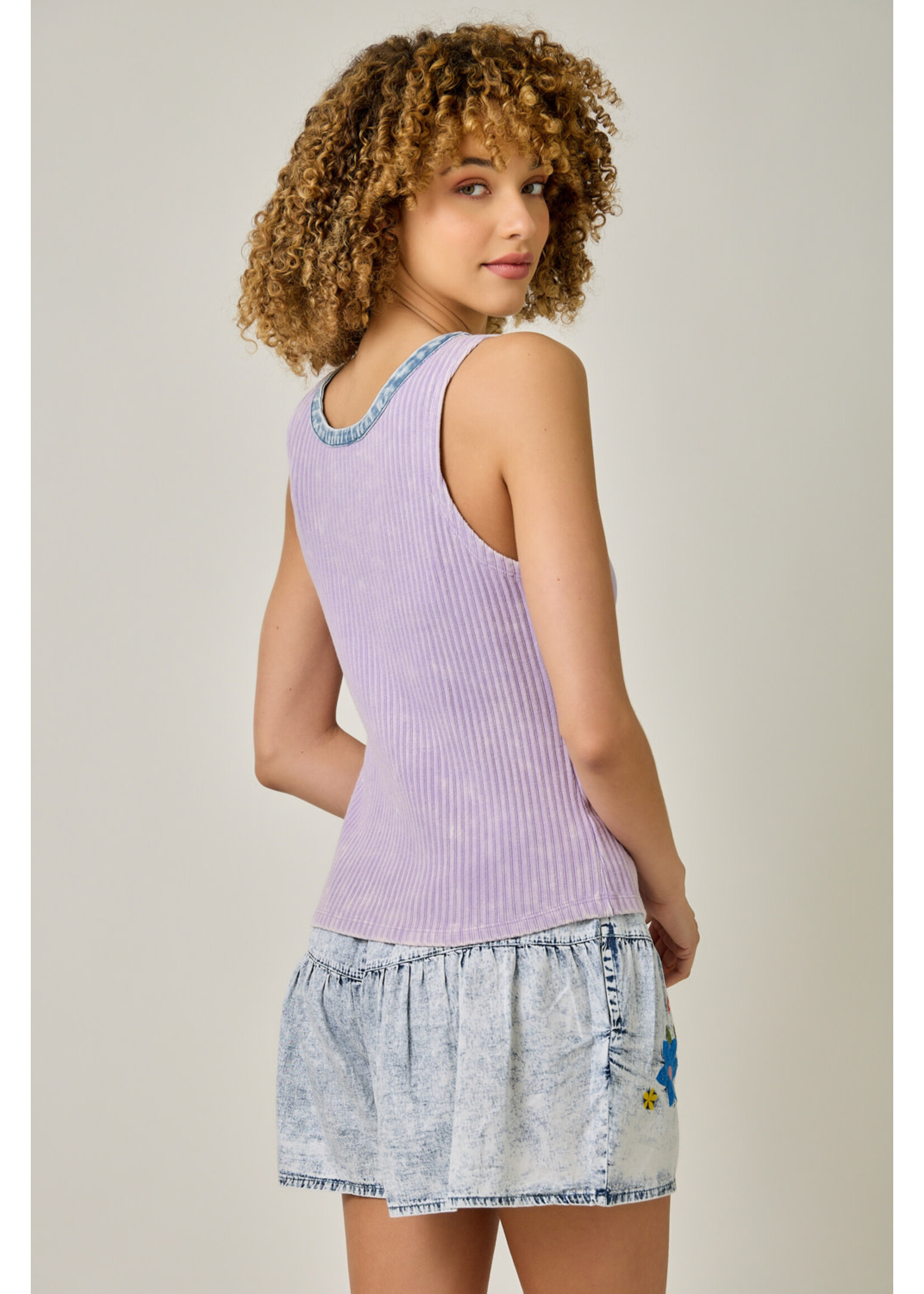 Mystree Myst Henley Denim Trim Tank