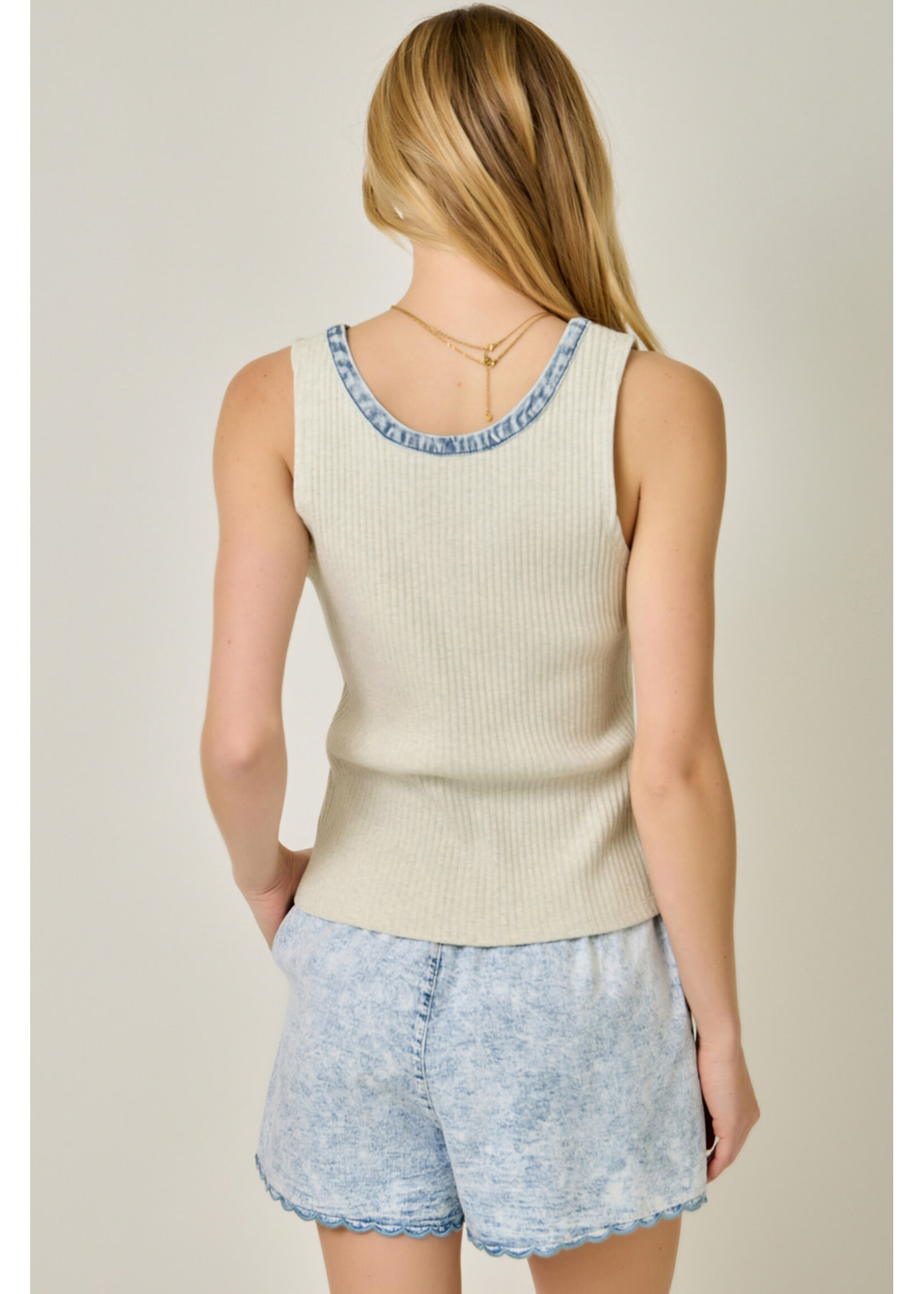 Mystree Myst Henley Denim Trim Tank