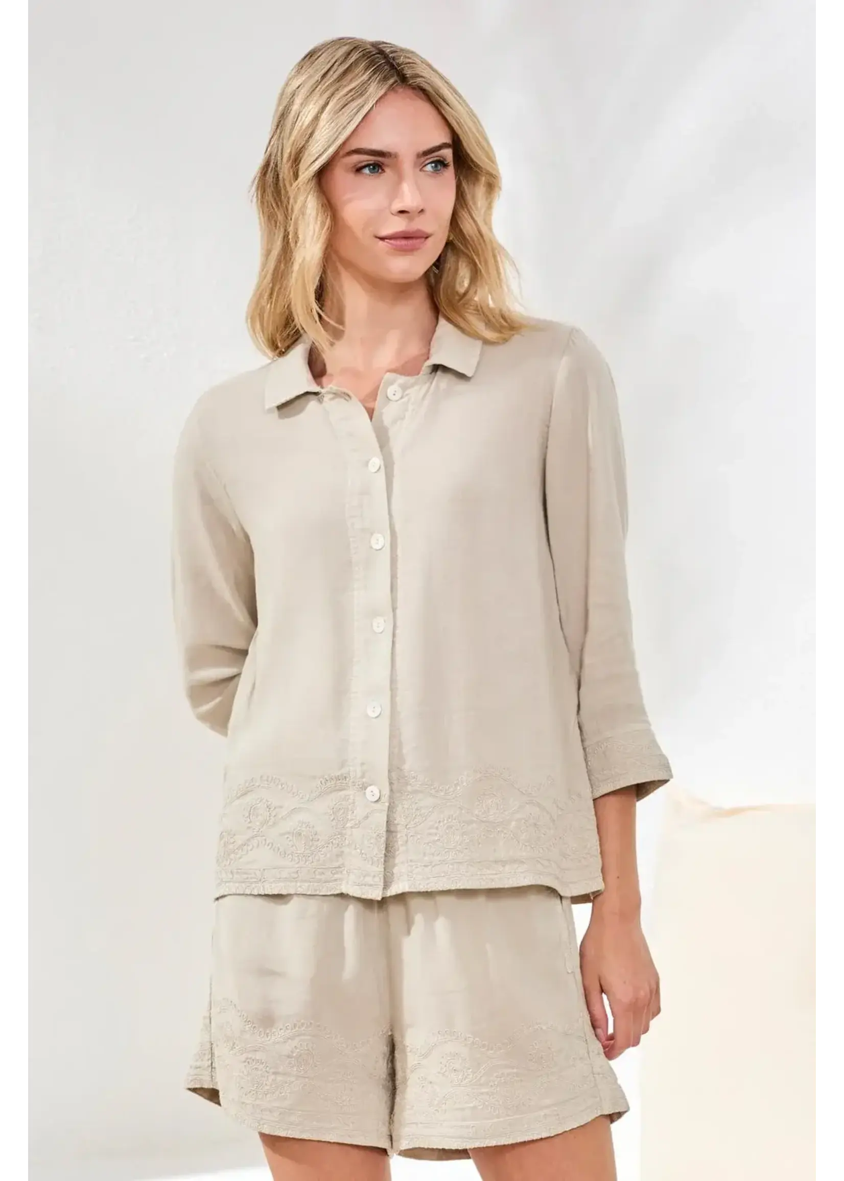 Tribal T Embroidered Button Front Blouse