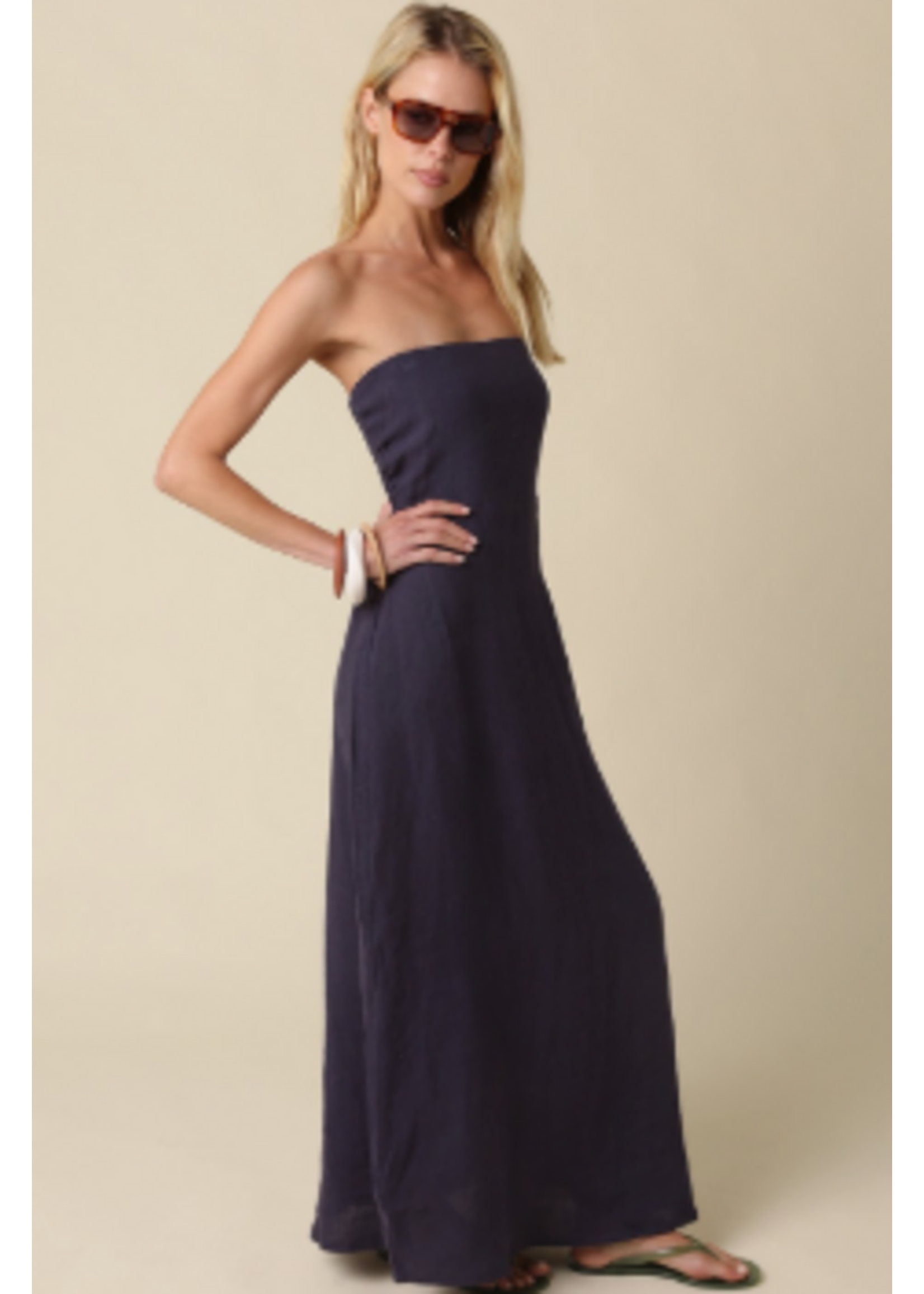 olivaceous O Strapless Linen Maxi