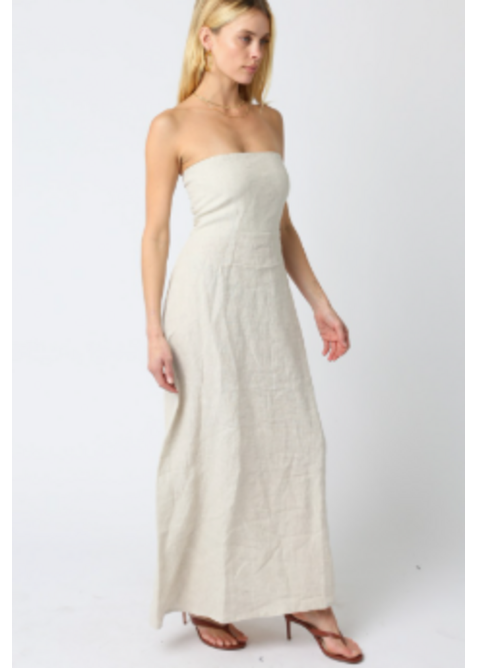 olivaceous O Strapless Linen Maxi