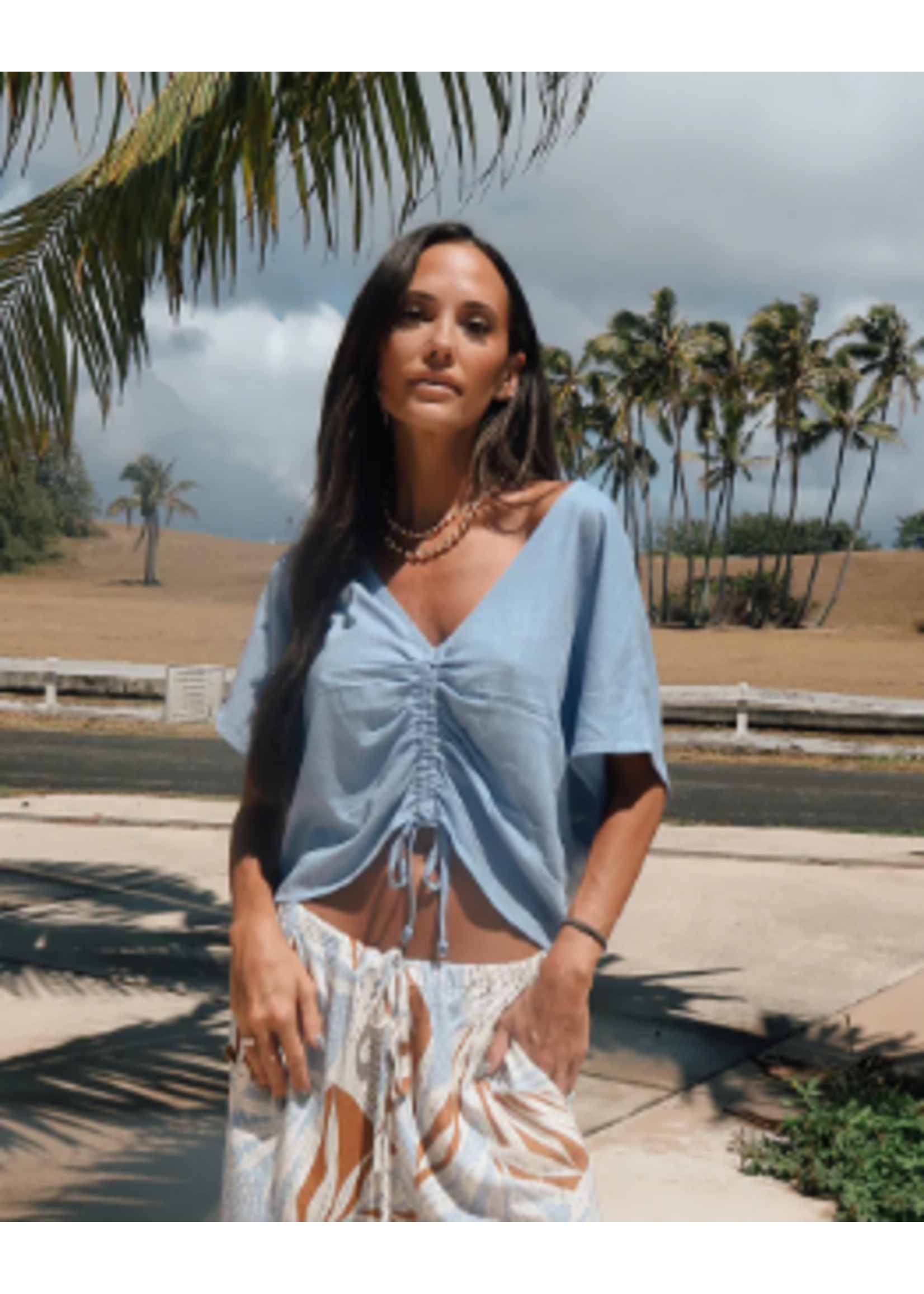 Tribal T Short Sleeve Ruched Linen Top
